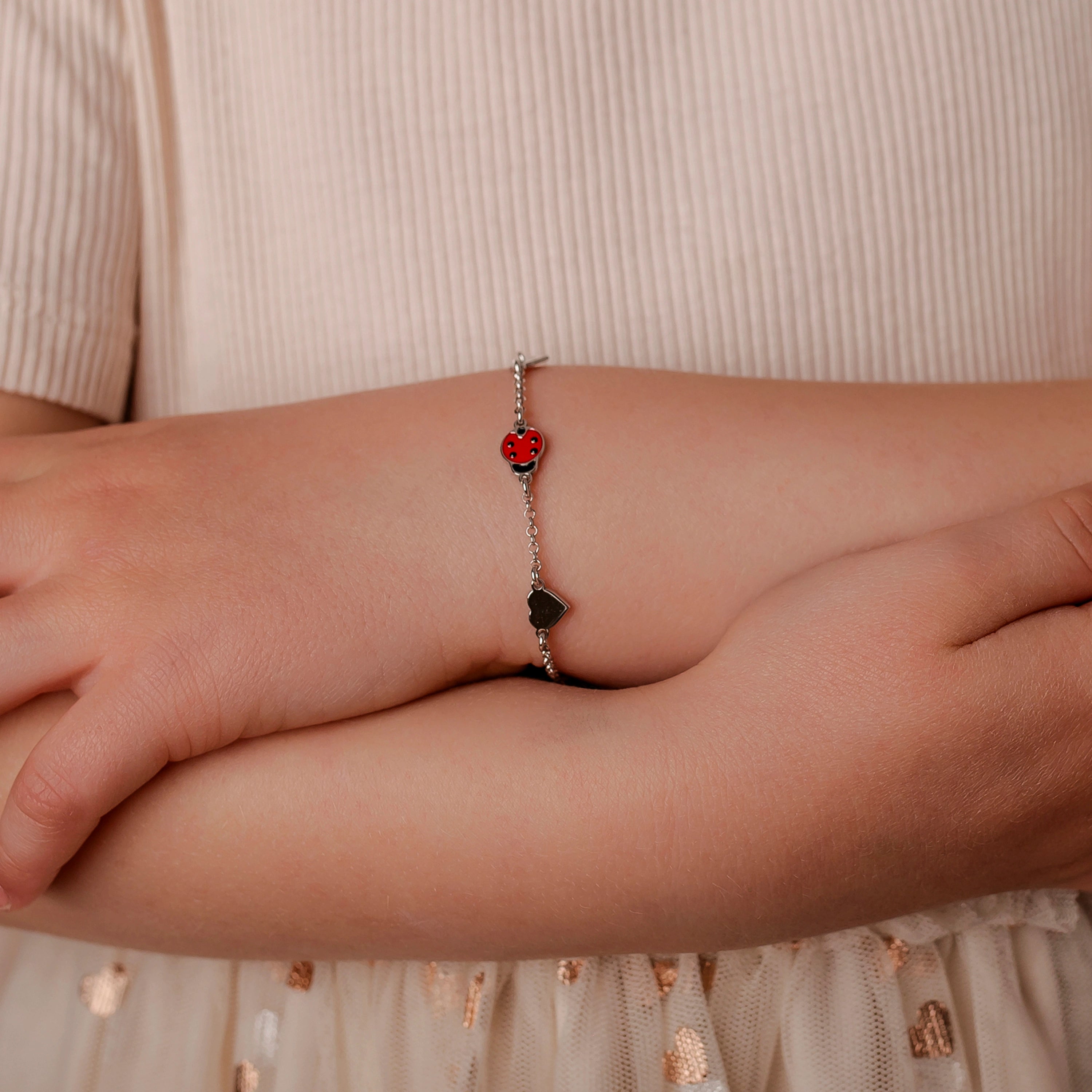 Girls' Silver Bracelet with Ladybugs and Smooth Hearts