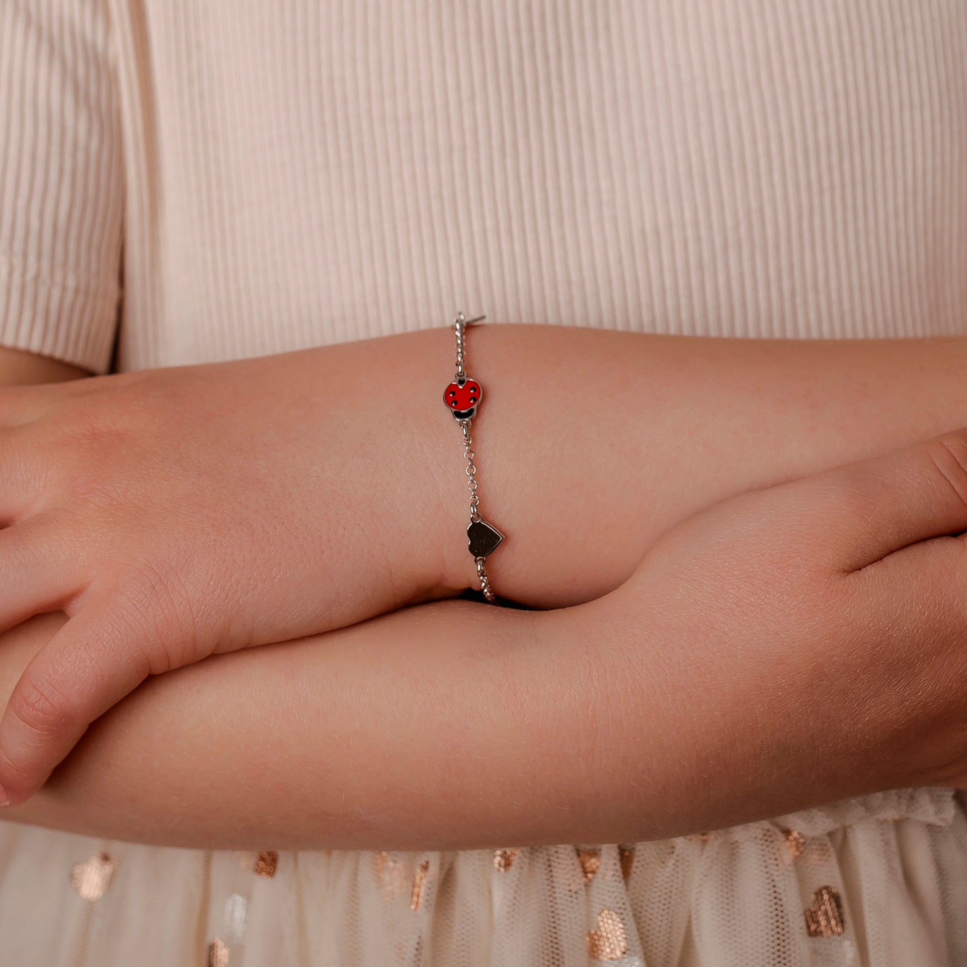 Girls' Silver Bracelet with Ladybugs and Smooth Hearts