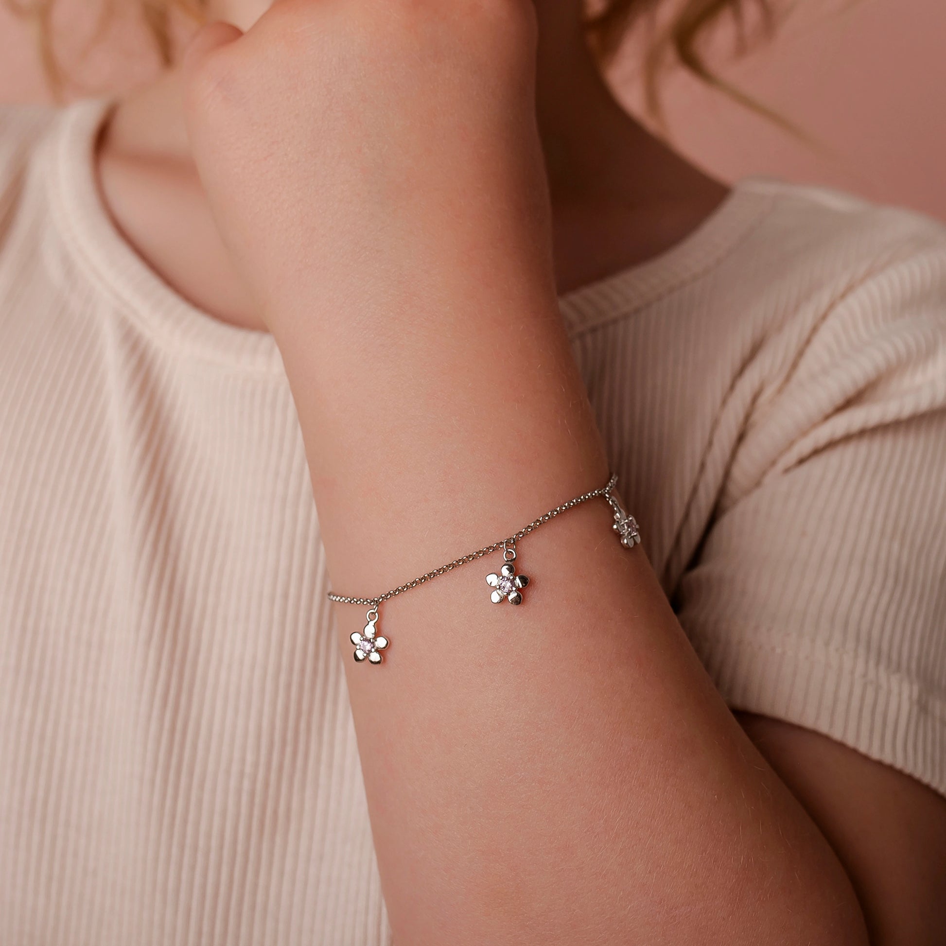 Bracelet with Three Flowers and Pink Zirconia