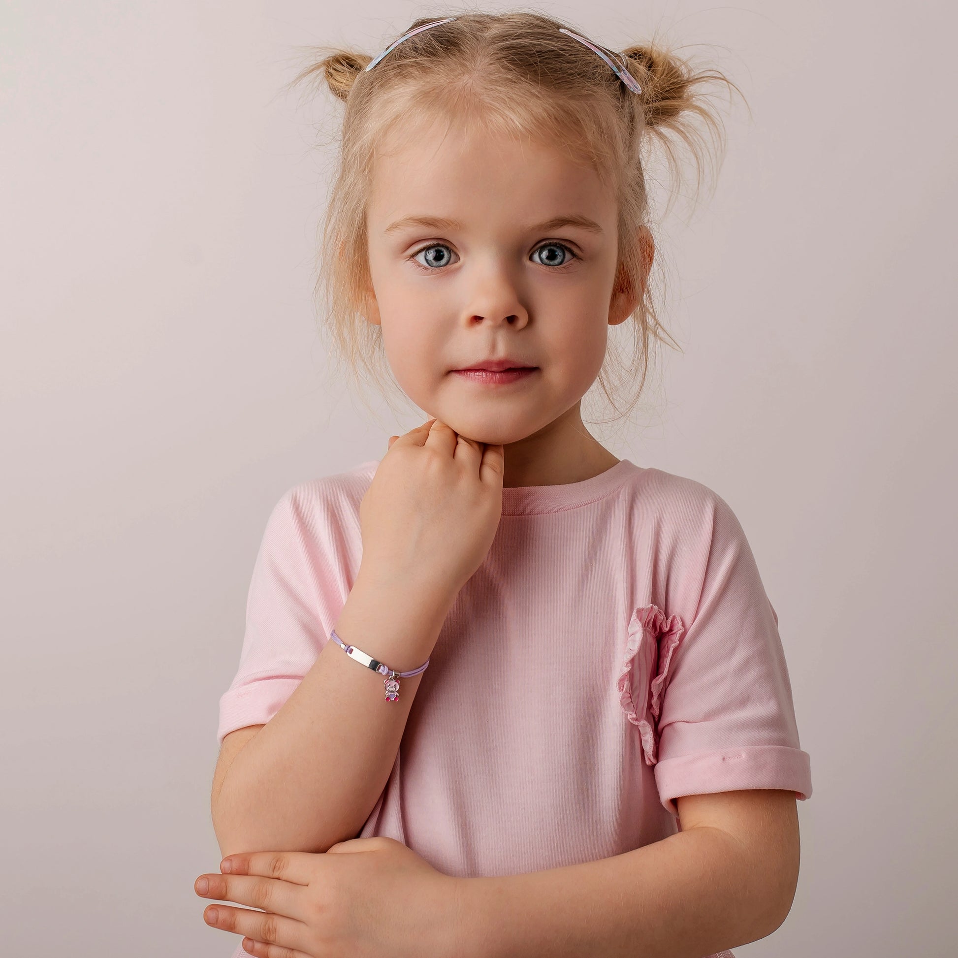 Silver Bracelet for Girls with Lilac Cord and Bear