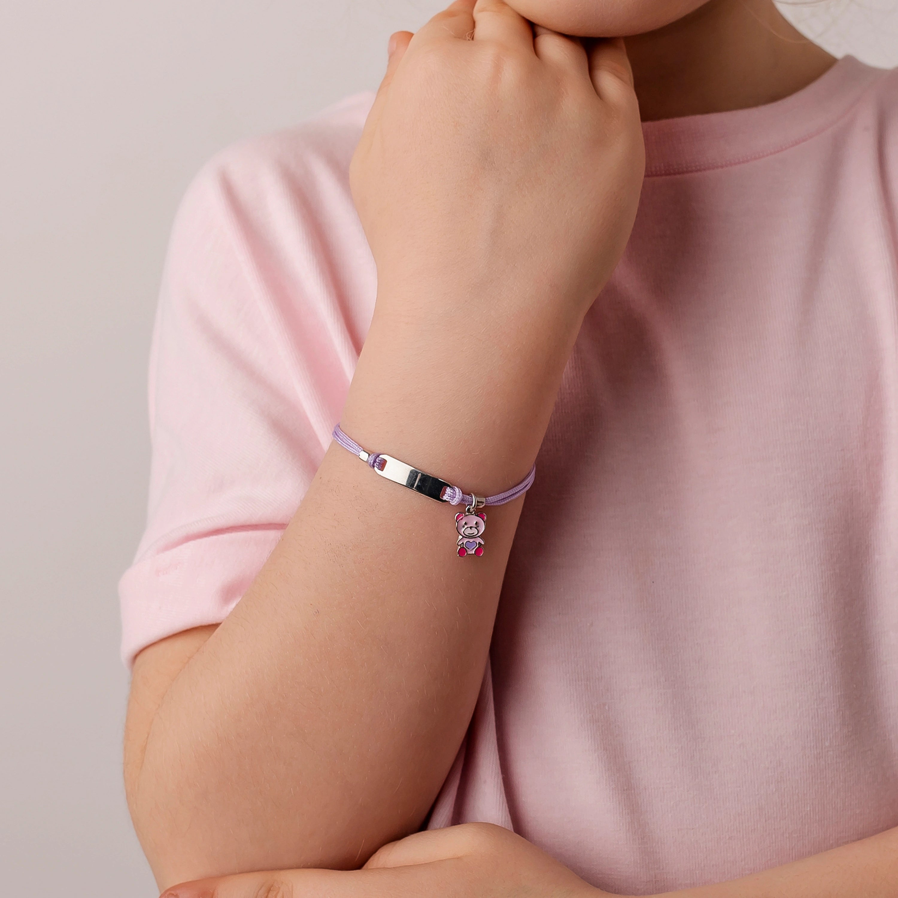 Silver Bracelet for Girls with Lilac Cord and Bear