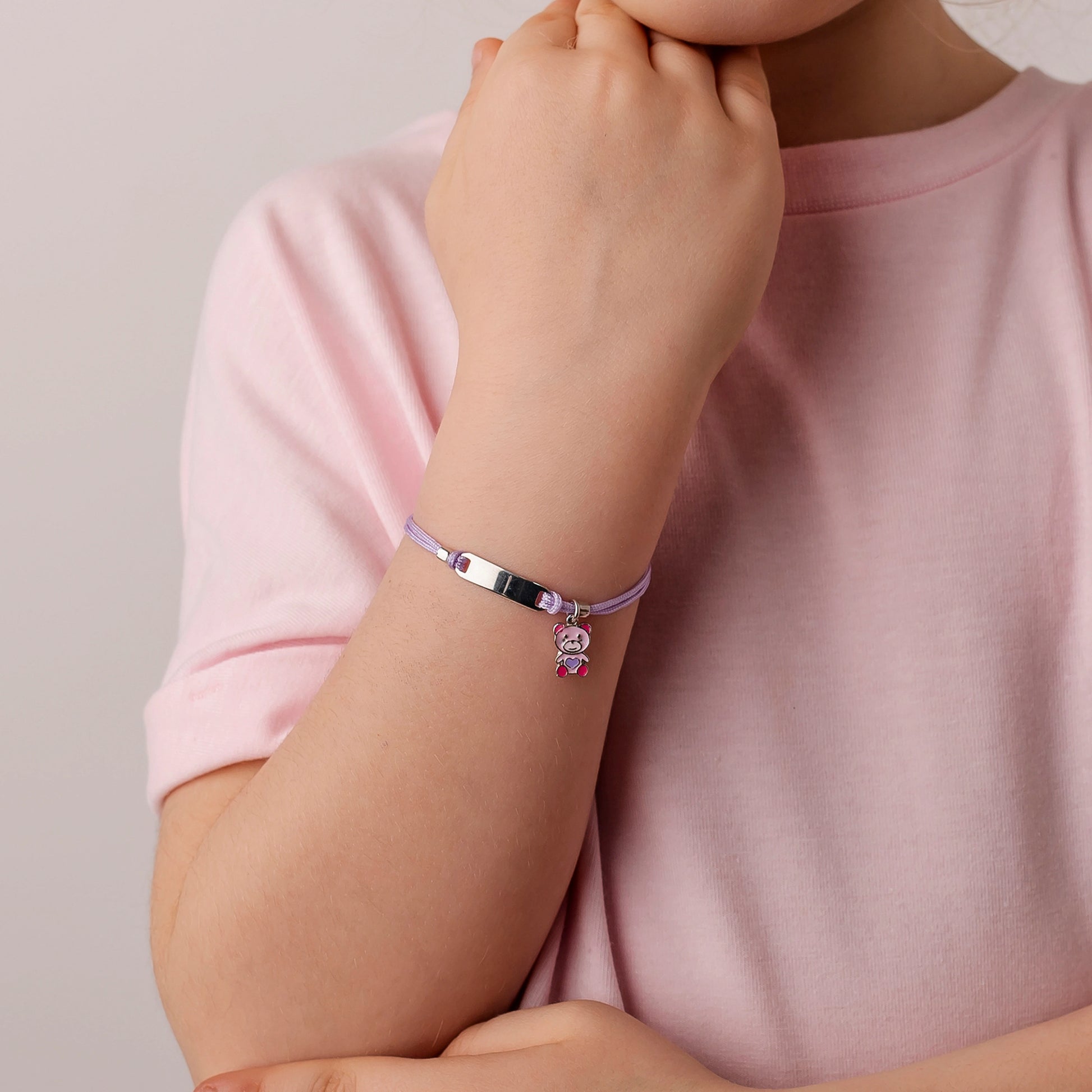 Silver Bracelet for Girls with Lilac Cord and Bear