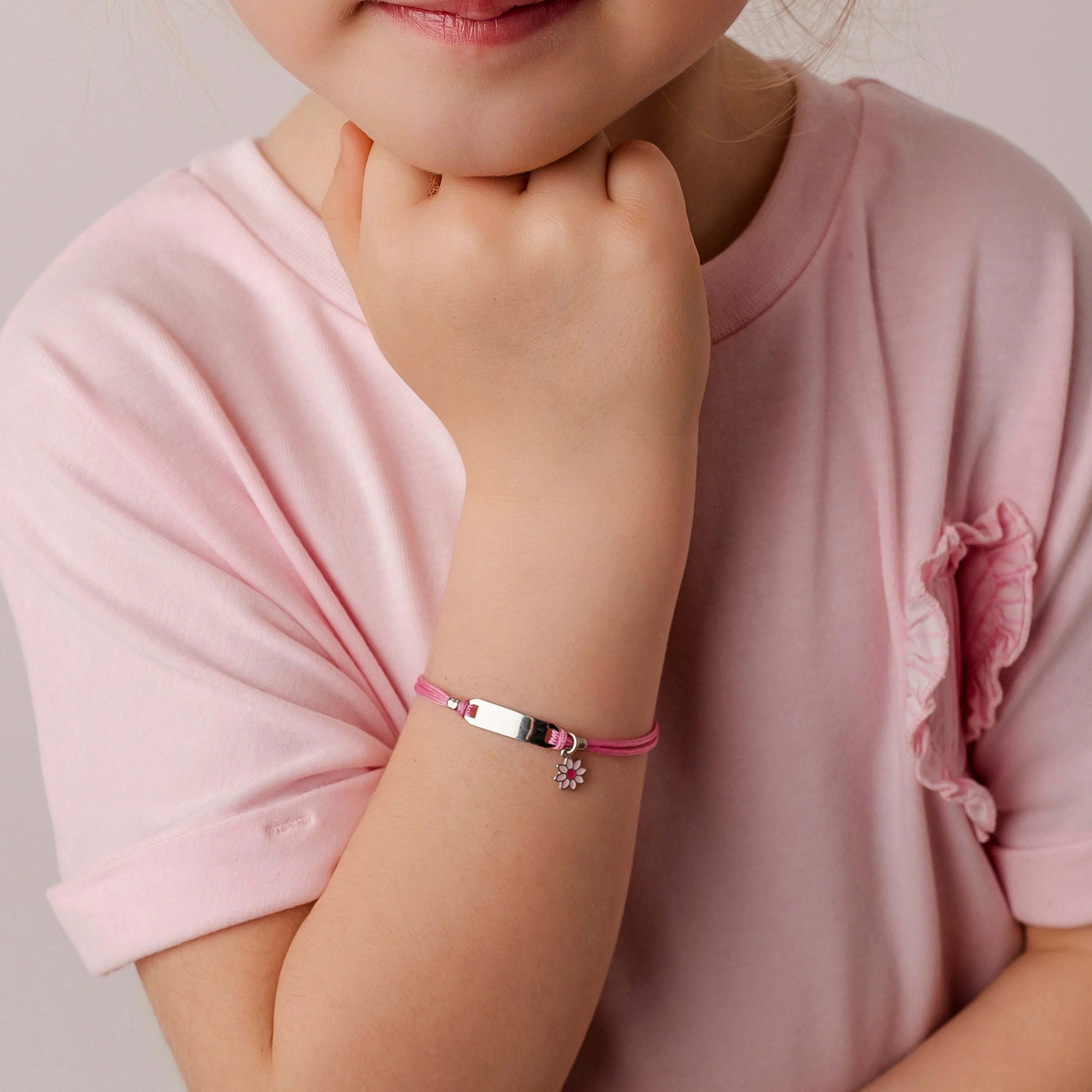 Silver Bracelet for Girl Pink Cord Gerbera