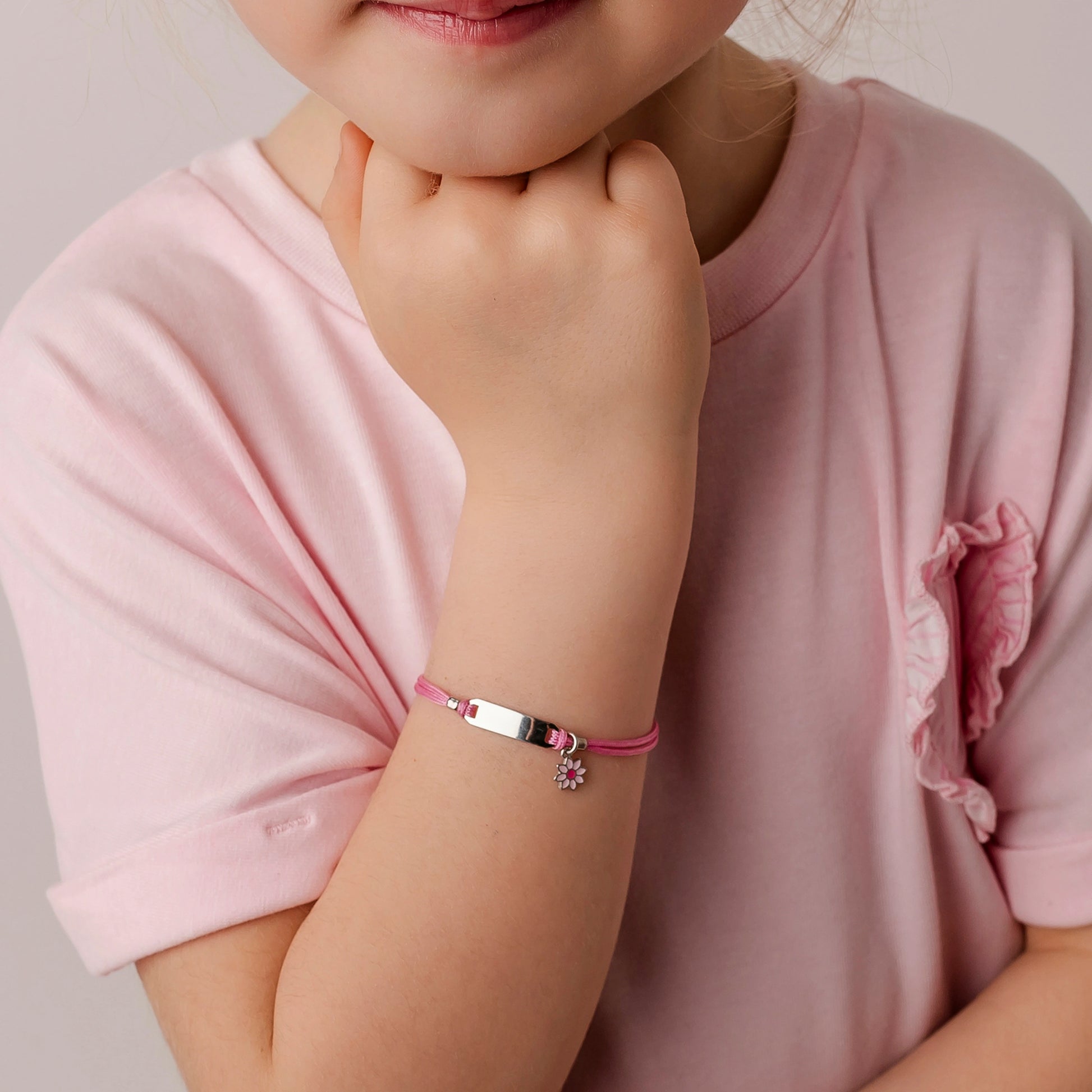 Silver Bracelet for Girl Pink Cord Gerbera