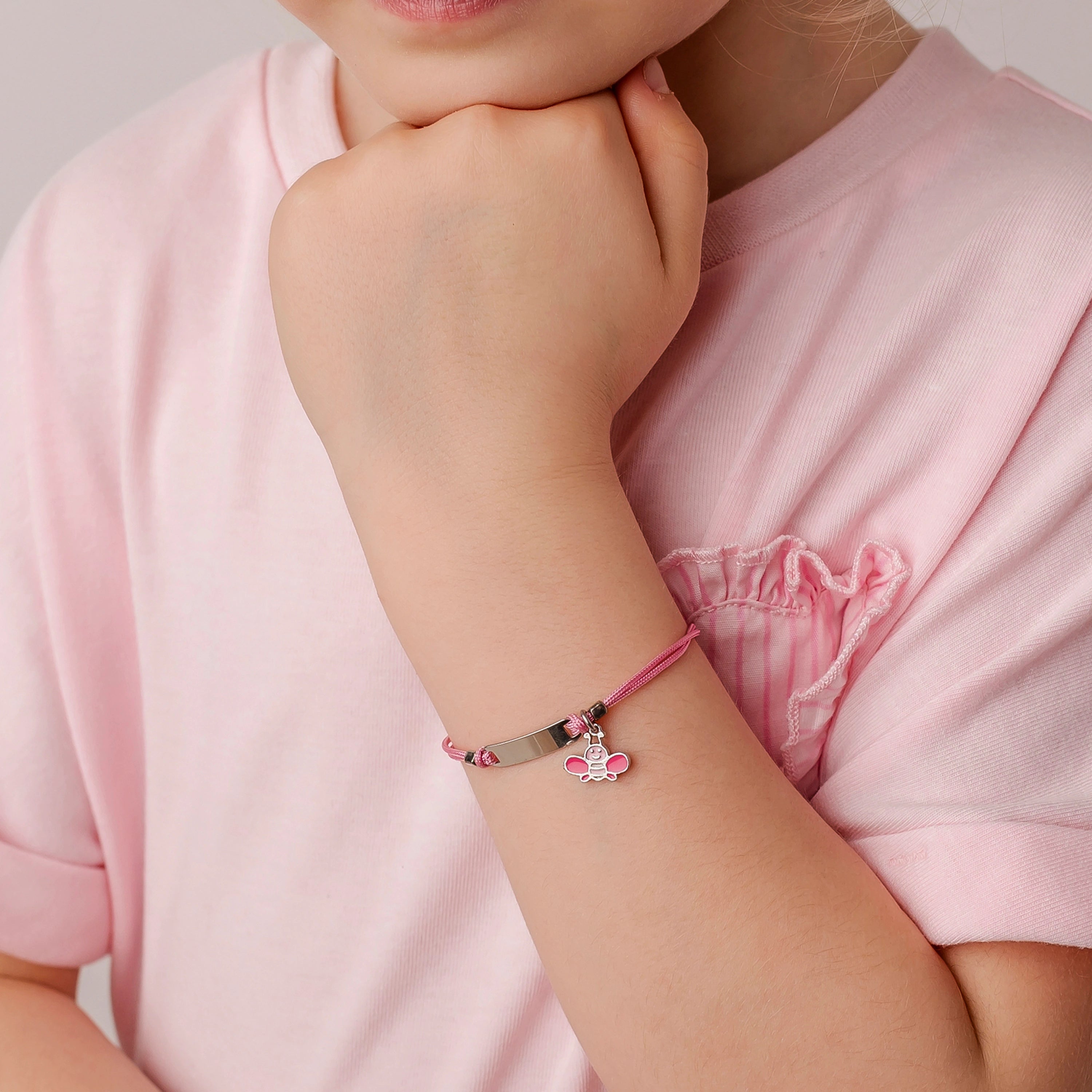 Silver Bracelet for Girl Pink Cord Bee