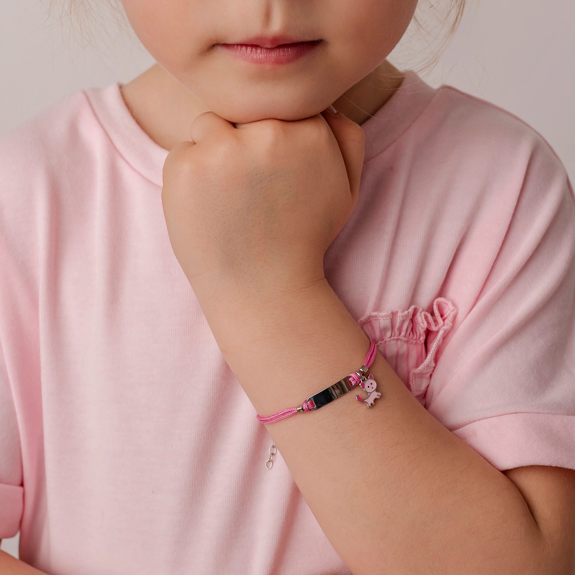Bracciale Argento Bimba Cordoncino Rosa Gattino