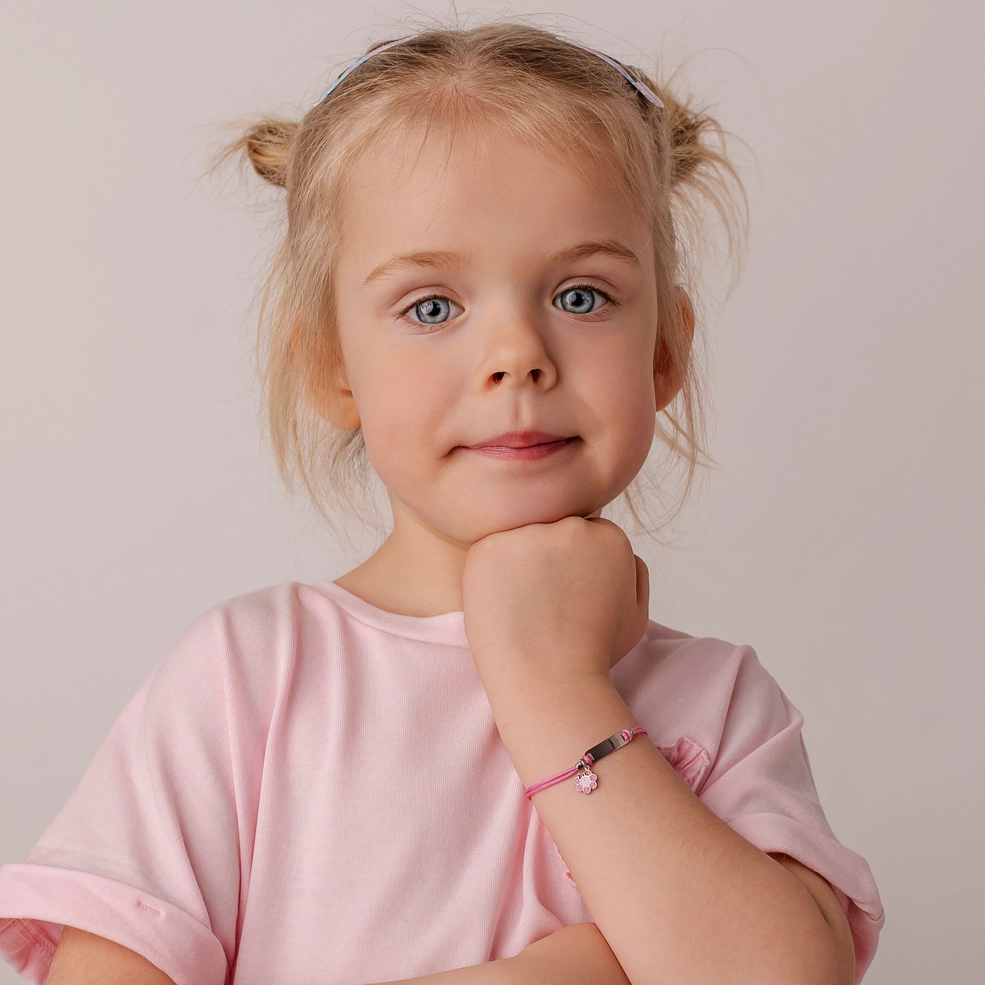 Silver Bracelet for Girls with Pink Cord and Flower with Bow