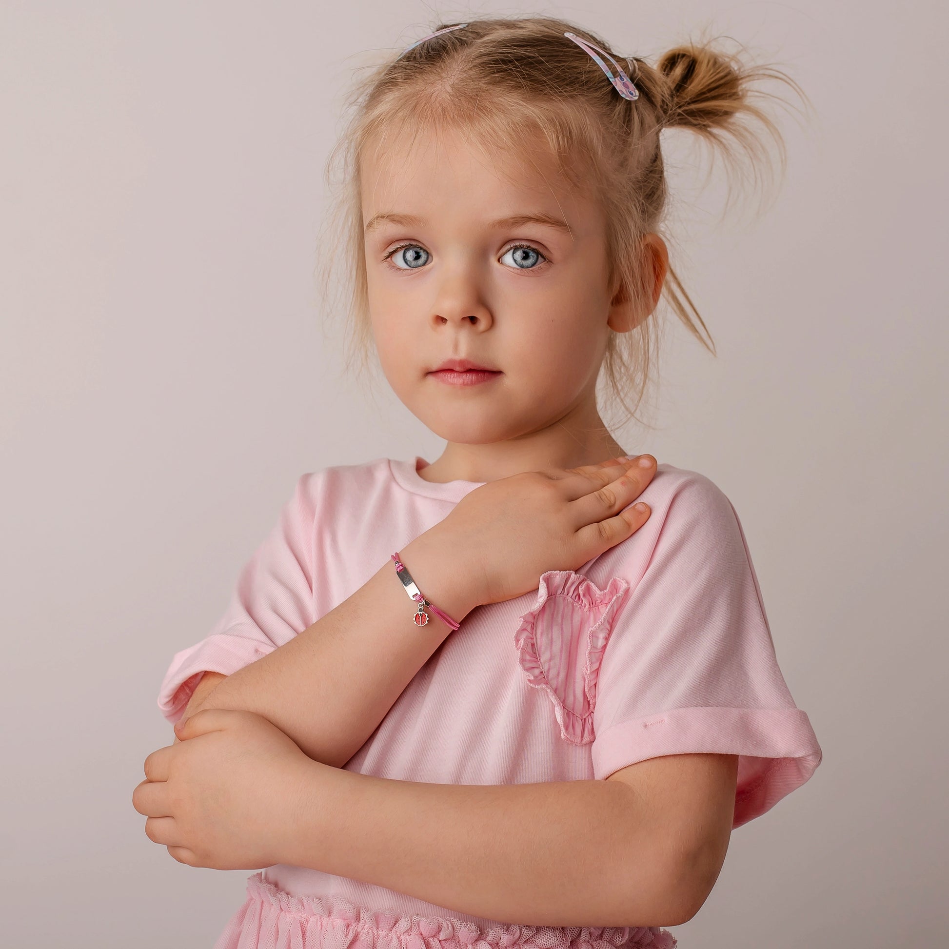 Silver Bracelet for Girl Pink Cord Ladybug