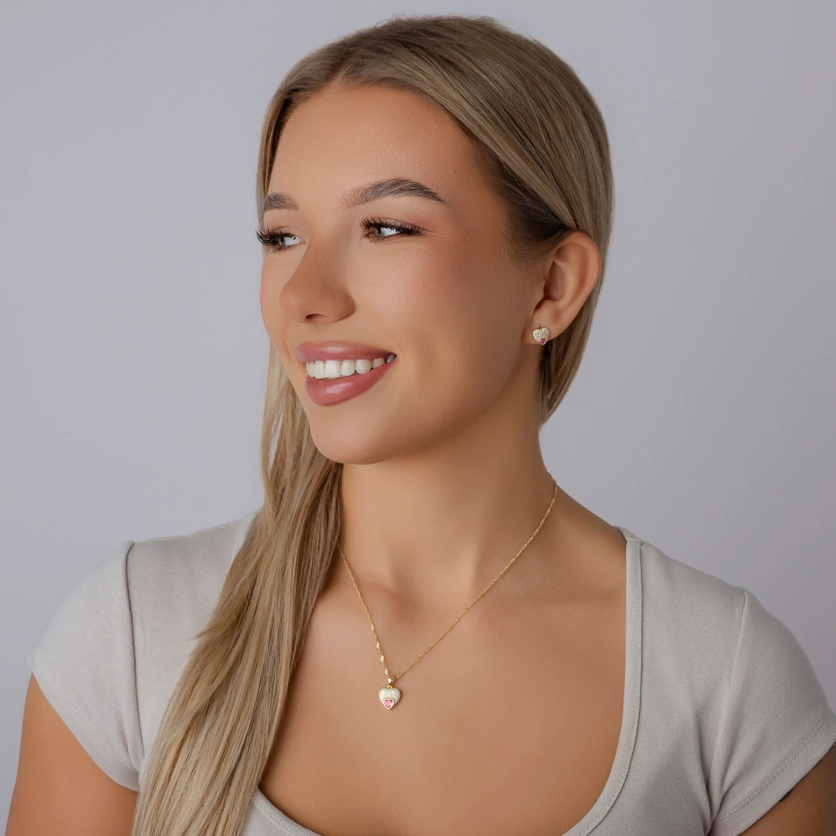 Parure en argent avec cœur rose et zircons