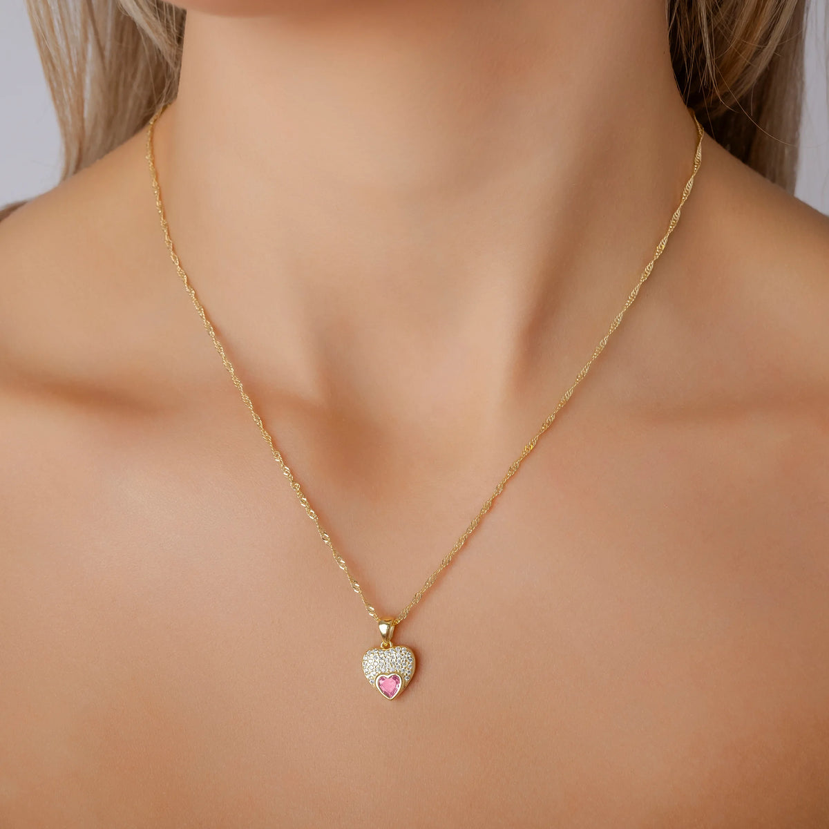 Parure en argent avec cœur rose et zircons