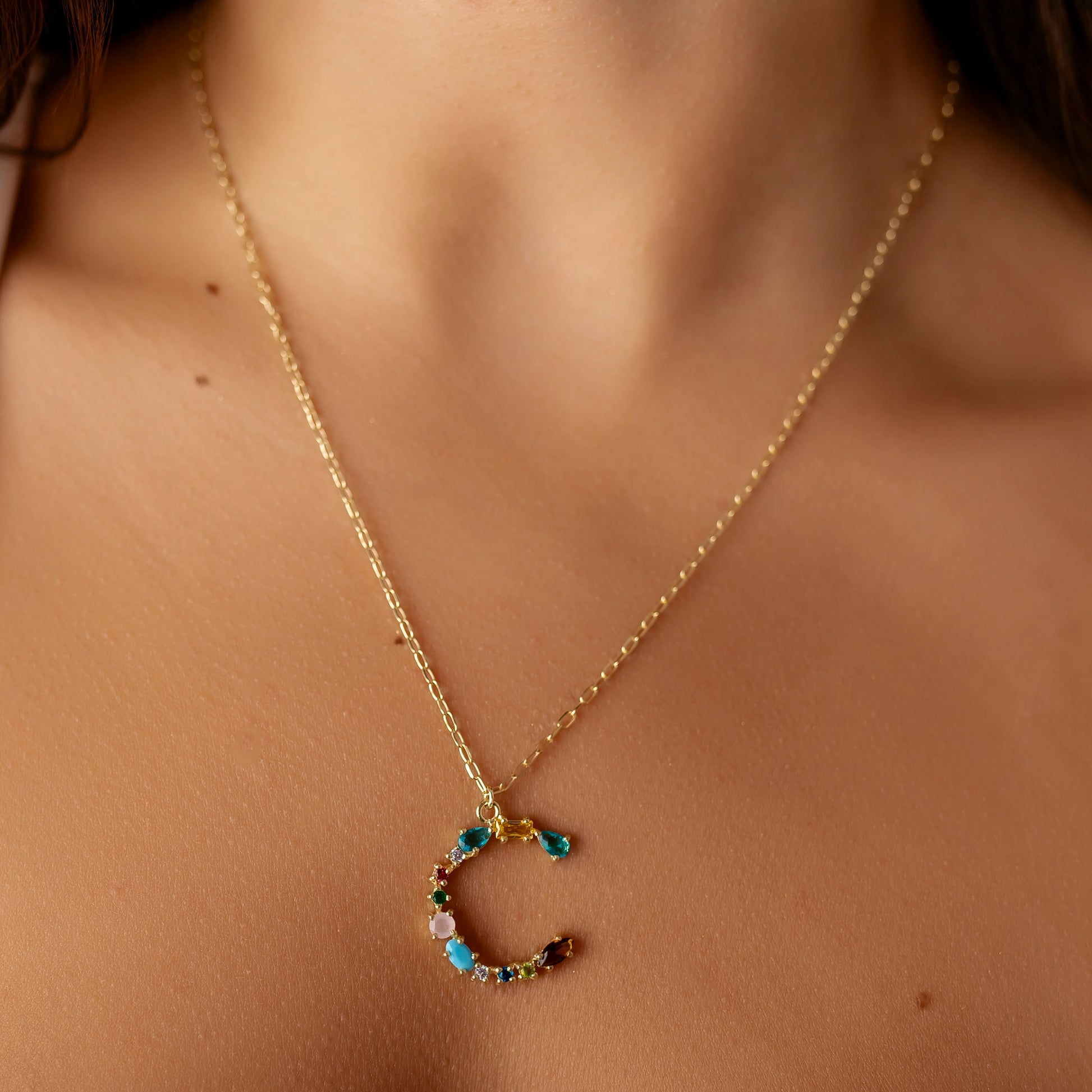 Gold Letter and Colored Stone Necklace