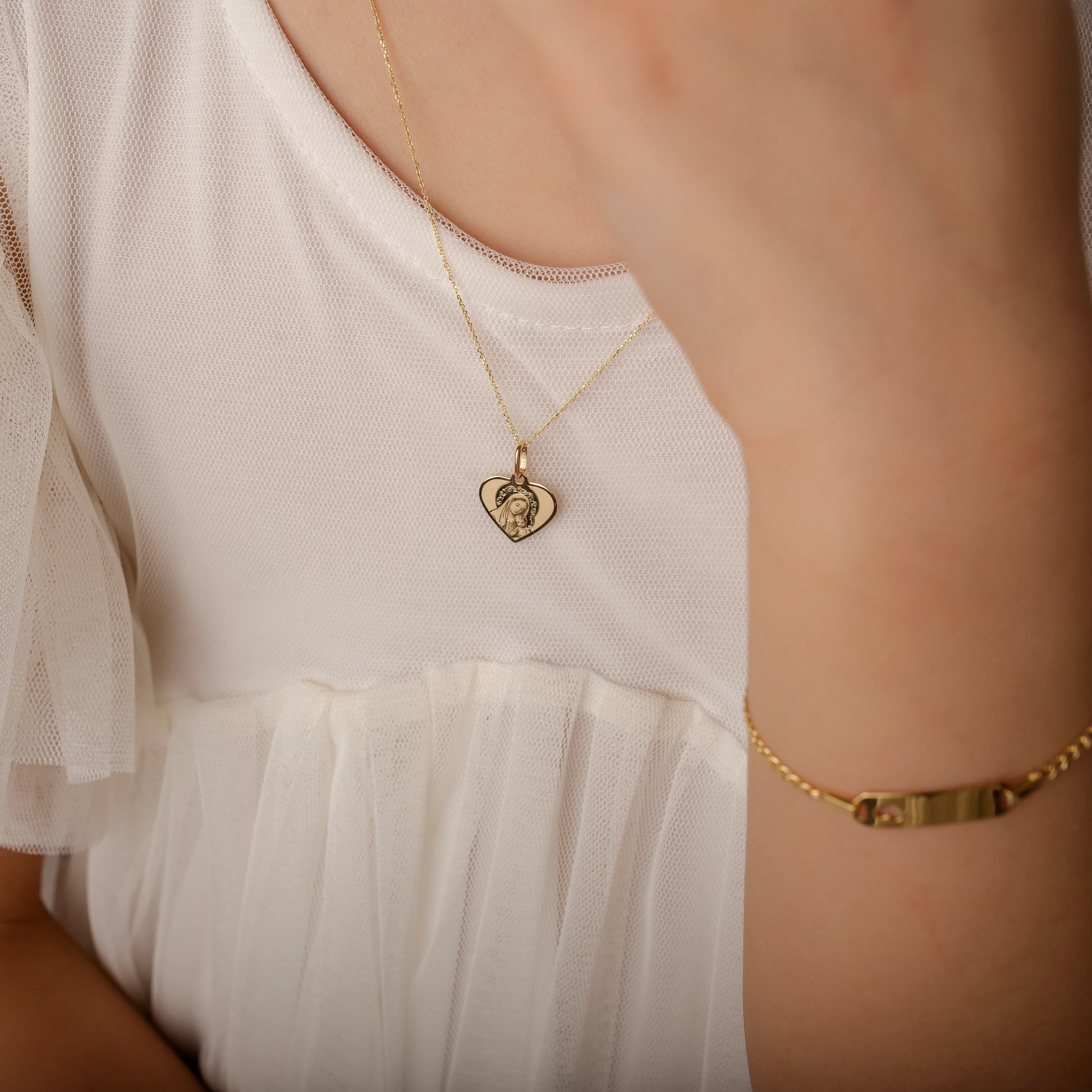 9Kt Gold Heart Necklace with Madonna and Baby Jesus