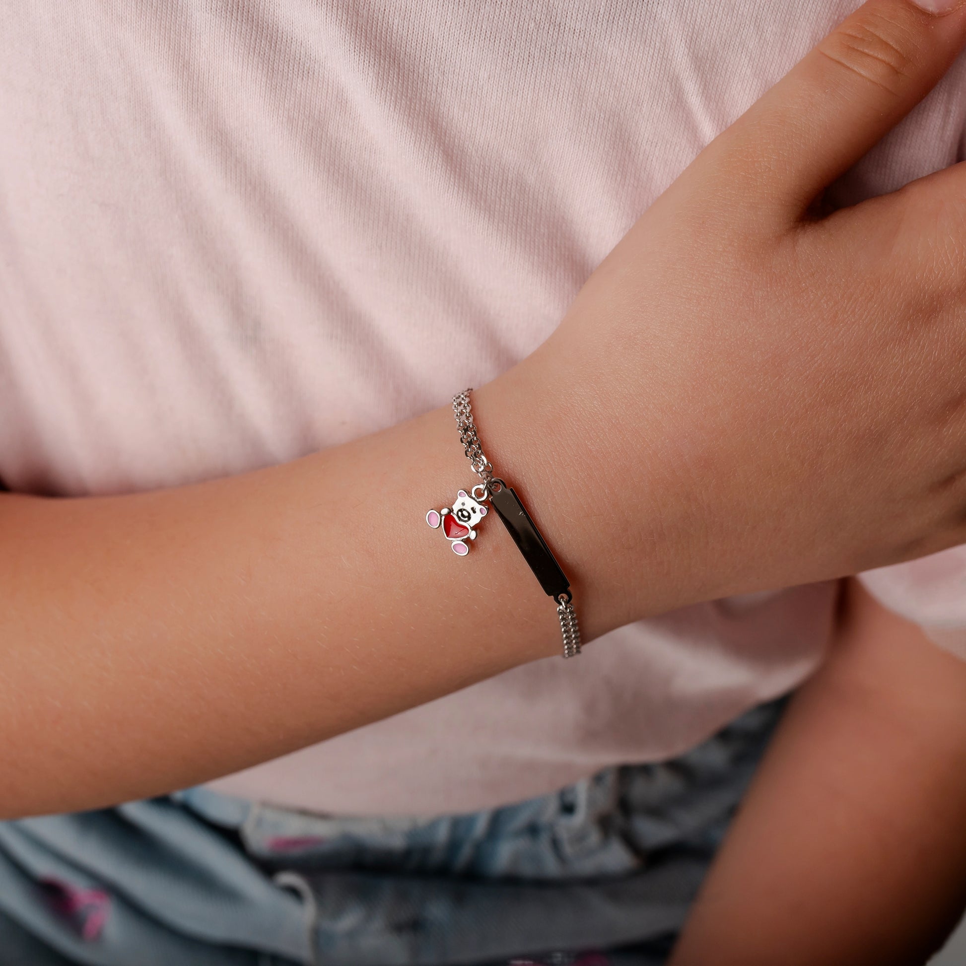 Children's Silver Bracelet with Pink Teddy Bear and Engravable Plate