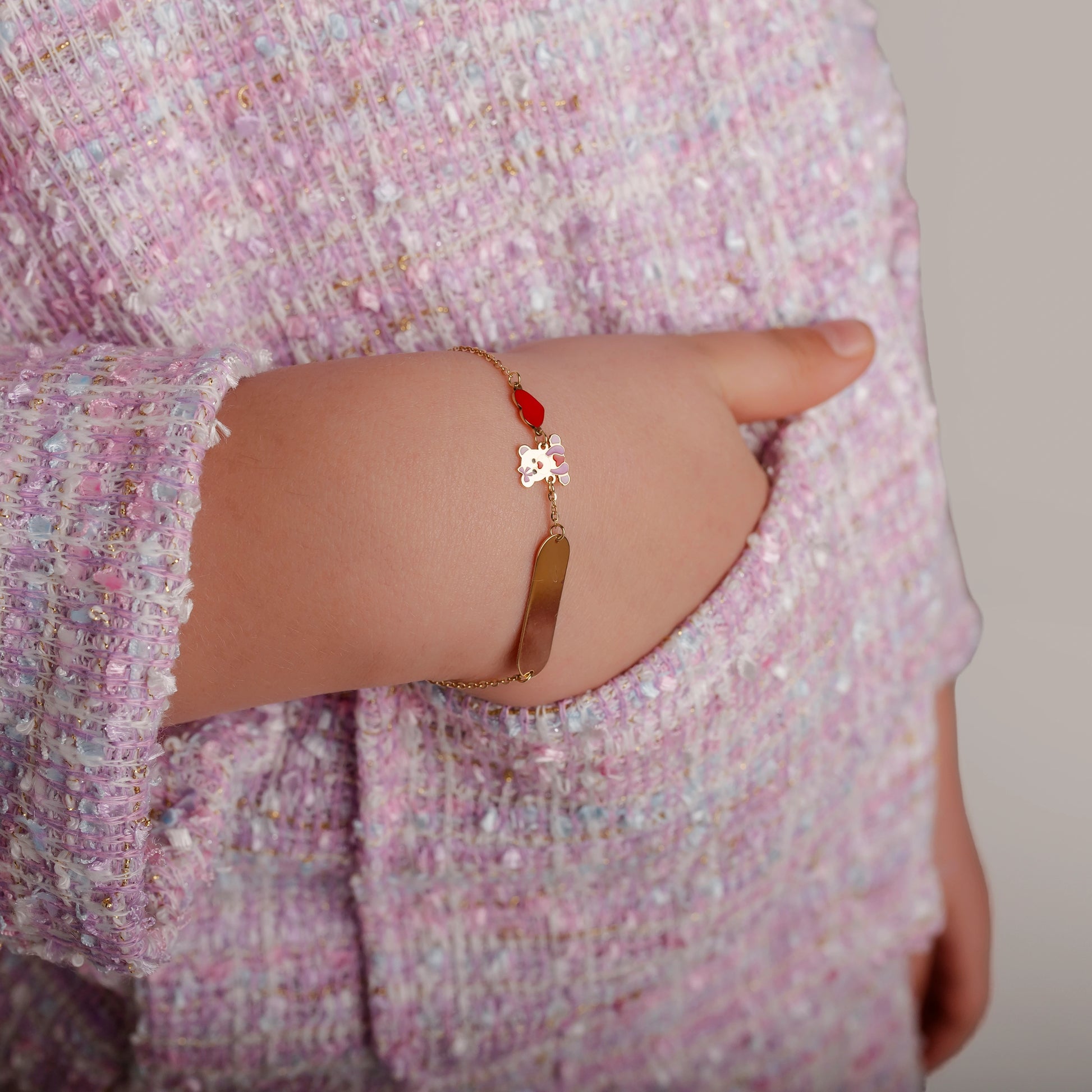 Bracciale da Bambina in Oro con Orsetto e Cuore Smaltati
