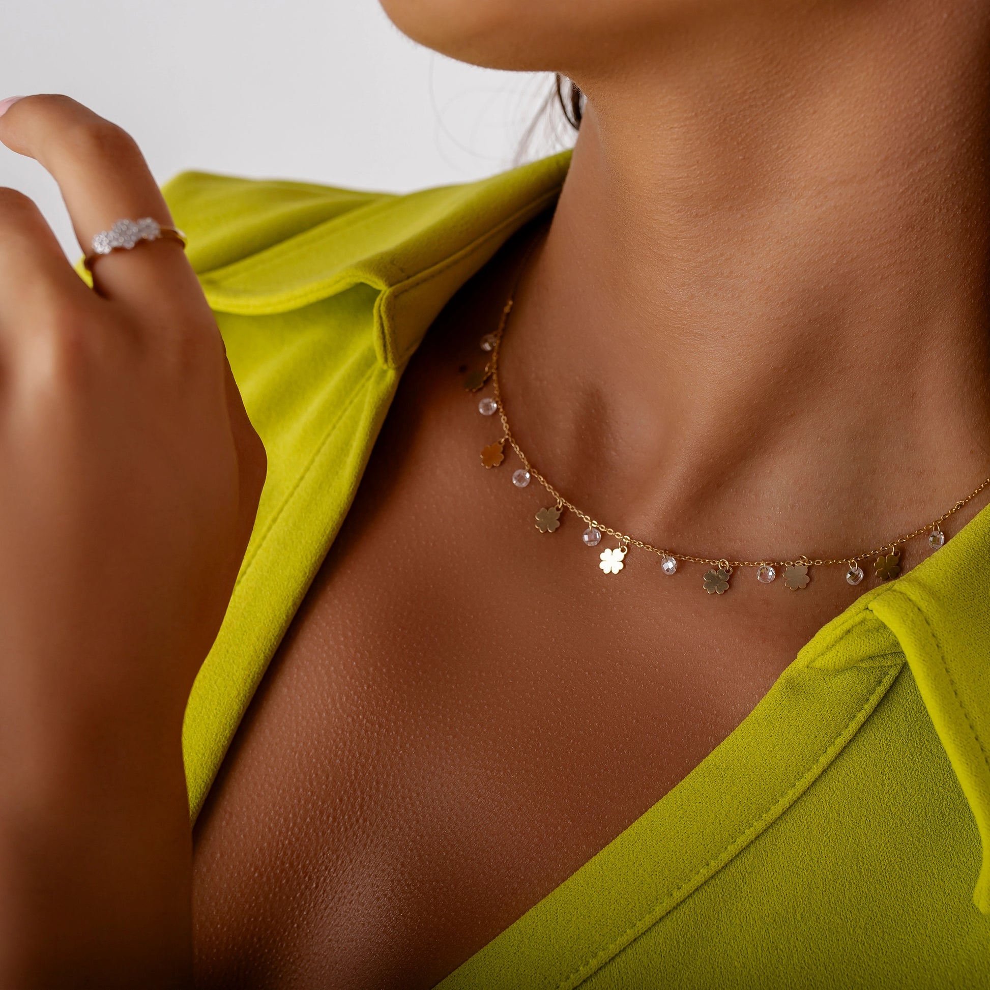 Gold-Plated Silver Necklace with Four-Leaf Clover Design and Zirconia