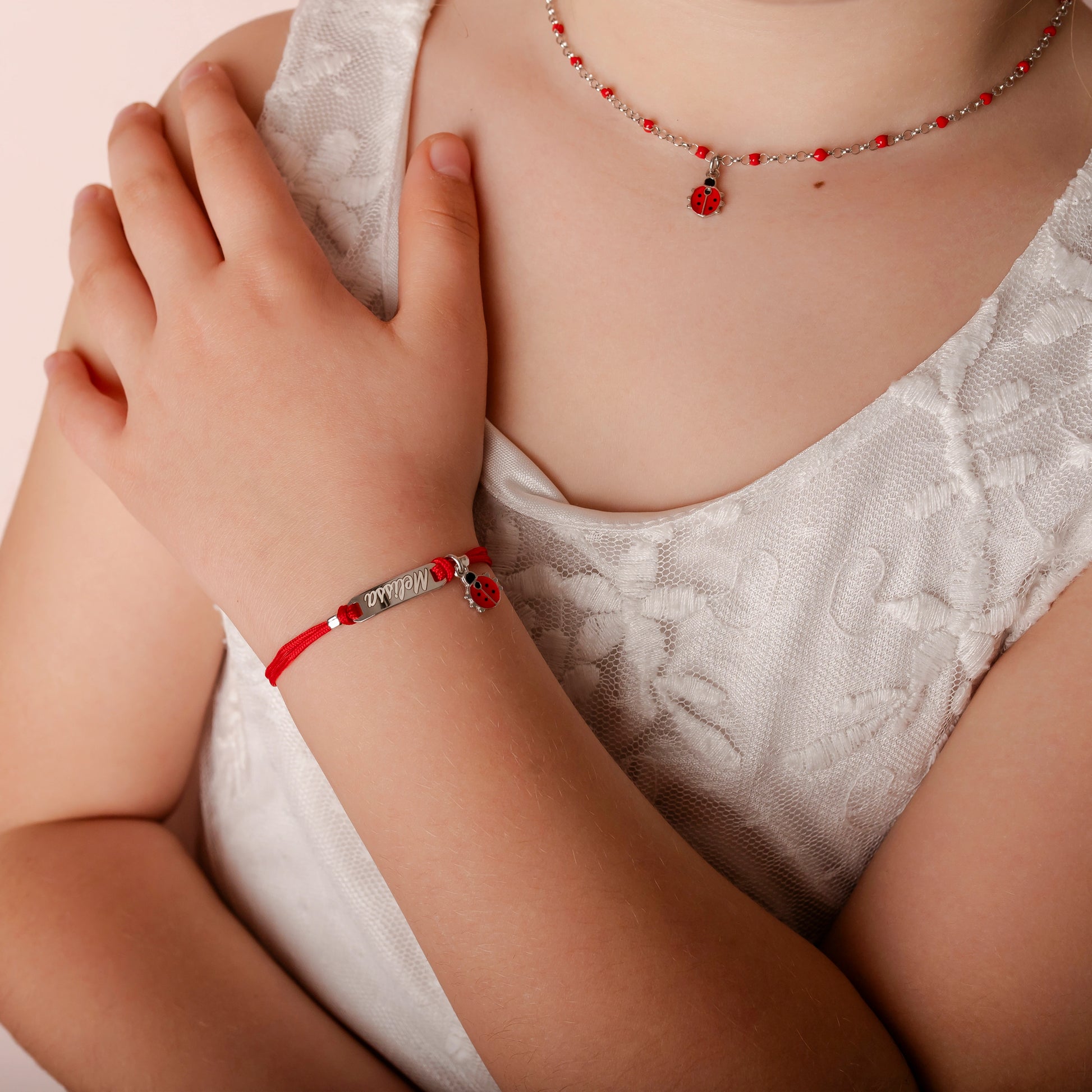 Bracciale Argento Bimba Cordoncino Rosso Coccinella