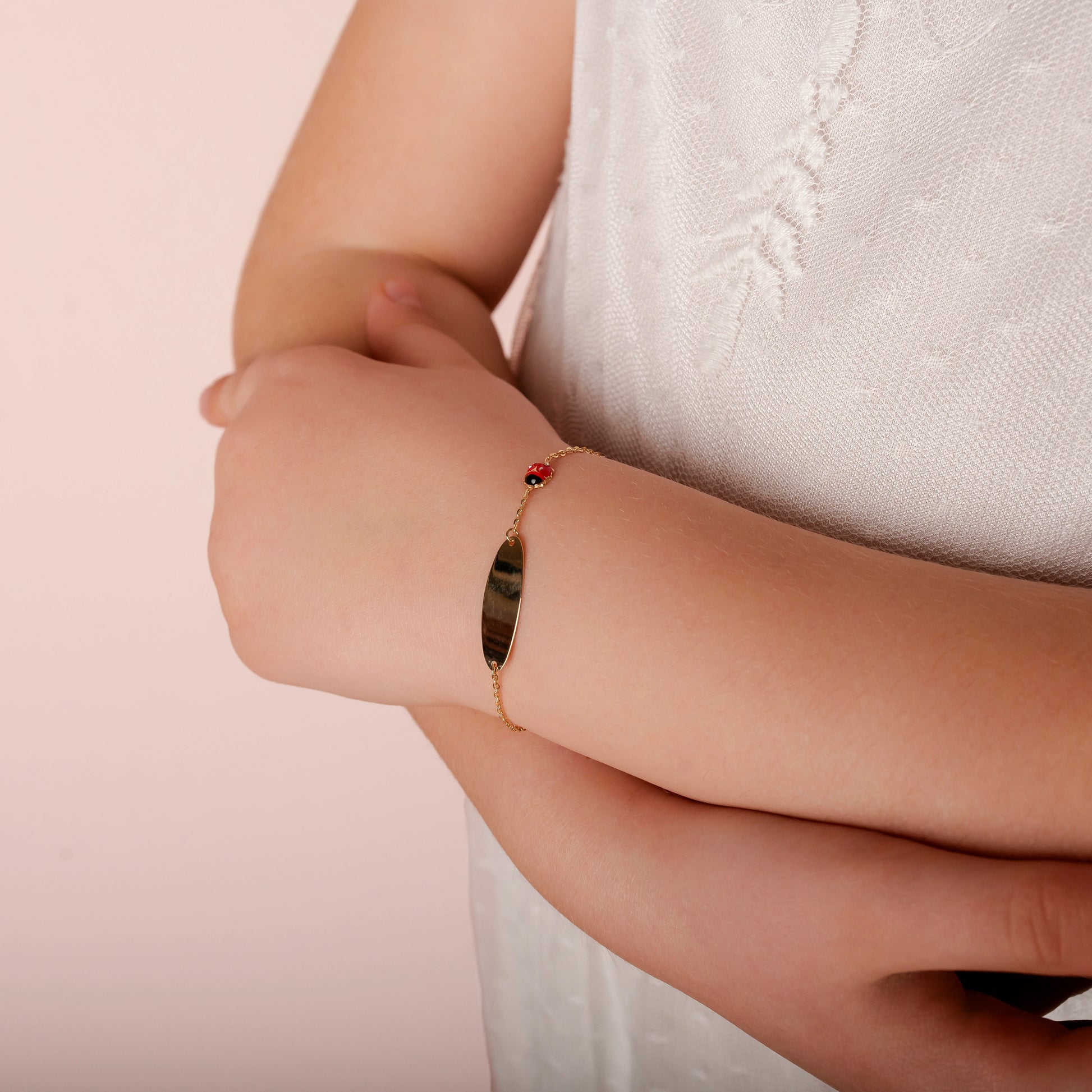 Children's Gold Bracelet with Enamel Ladybug and Zircons