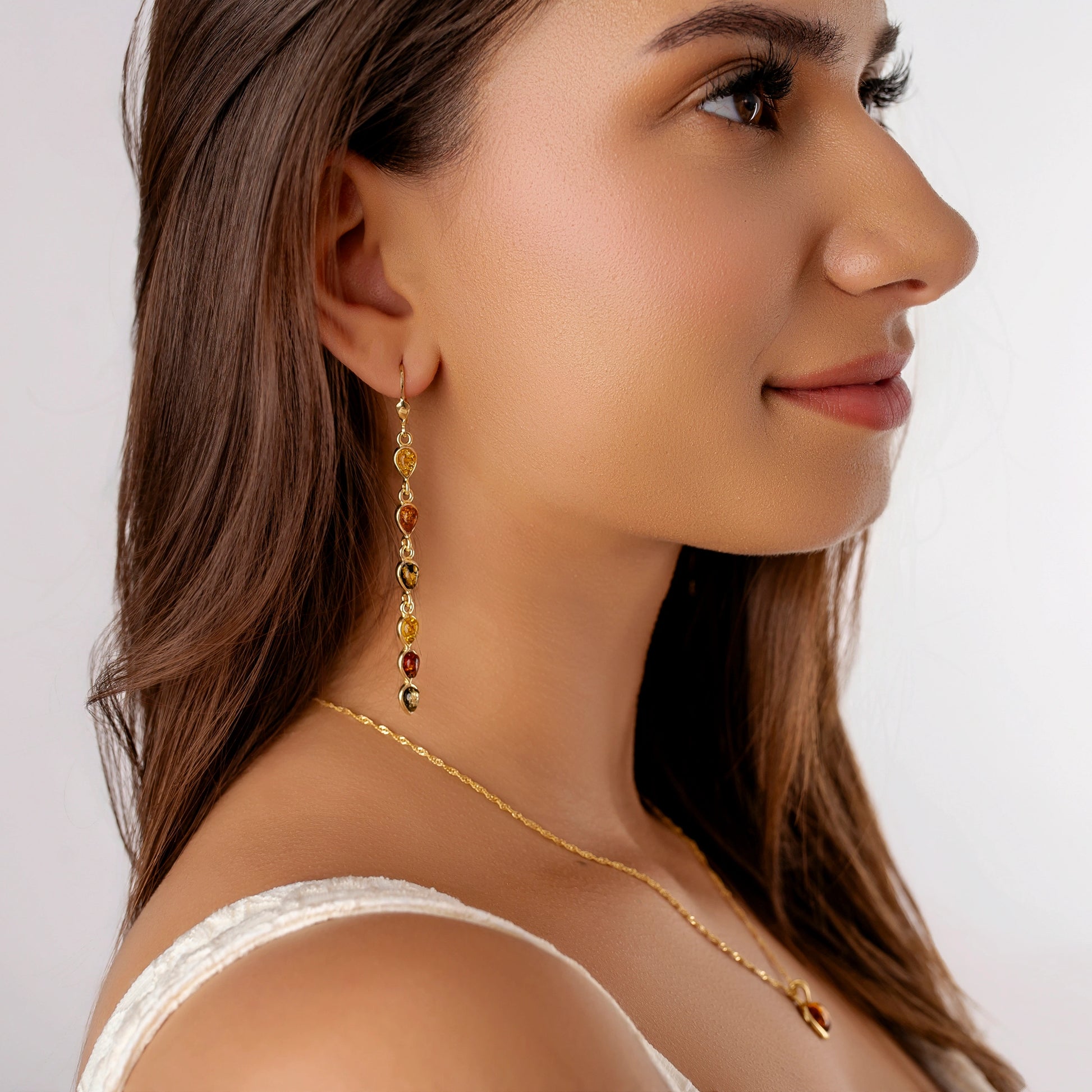Boucles d'oreilles pour Femme en Argent Doré avec Ambre Multicolore
