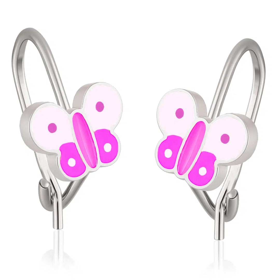 Boucles d'oreilles cloche en argent avec papillon blanc et rose