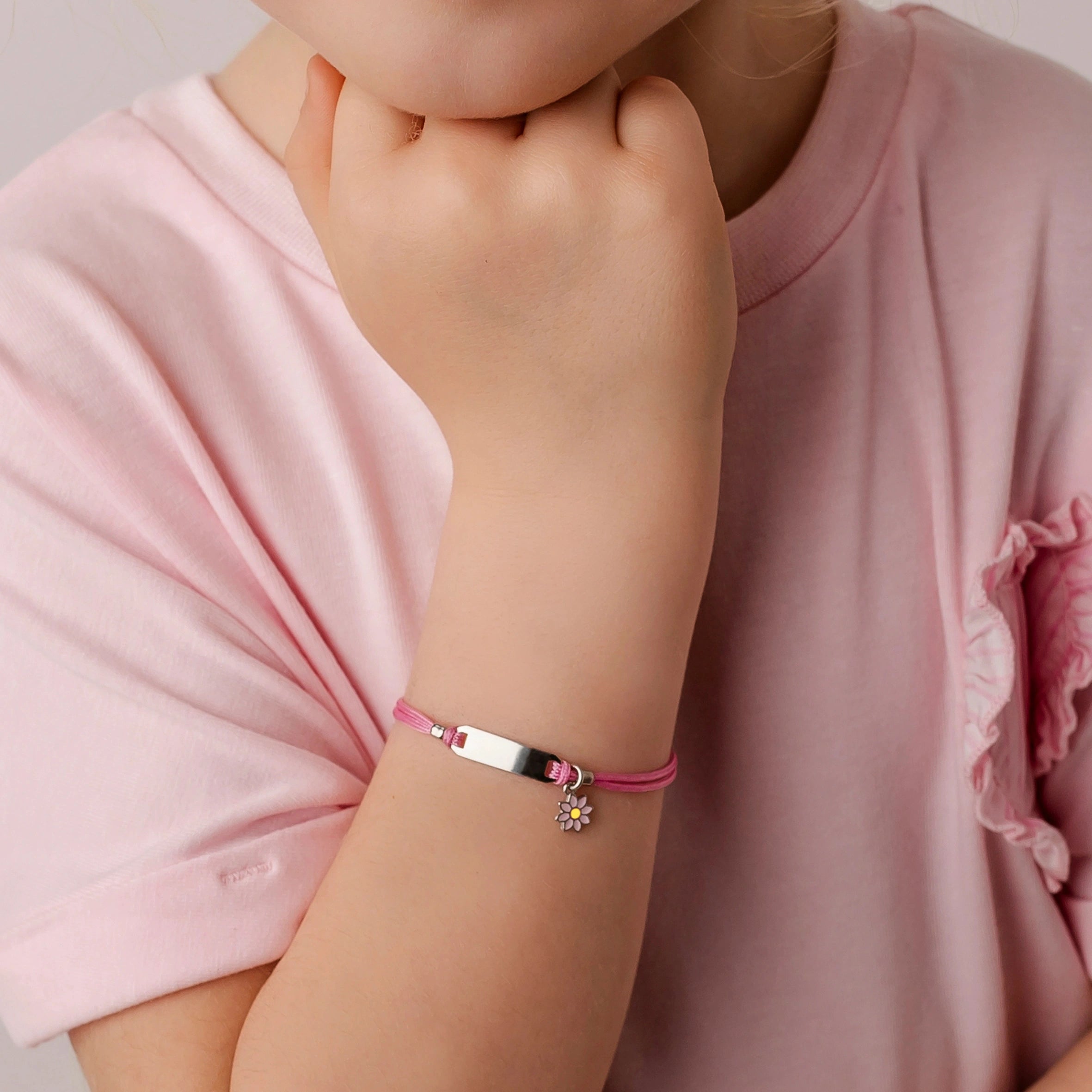 Silver Bracelet for Girl Pink Cord Flower
