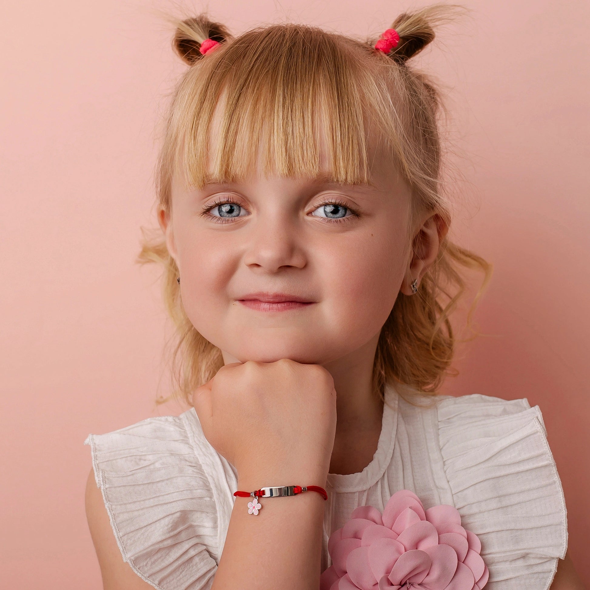 Silver Bracelet for Girl Red Cord Daisy Pink