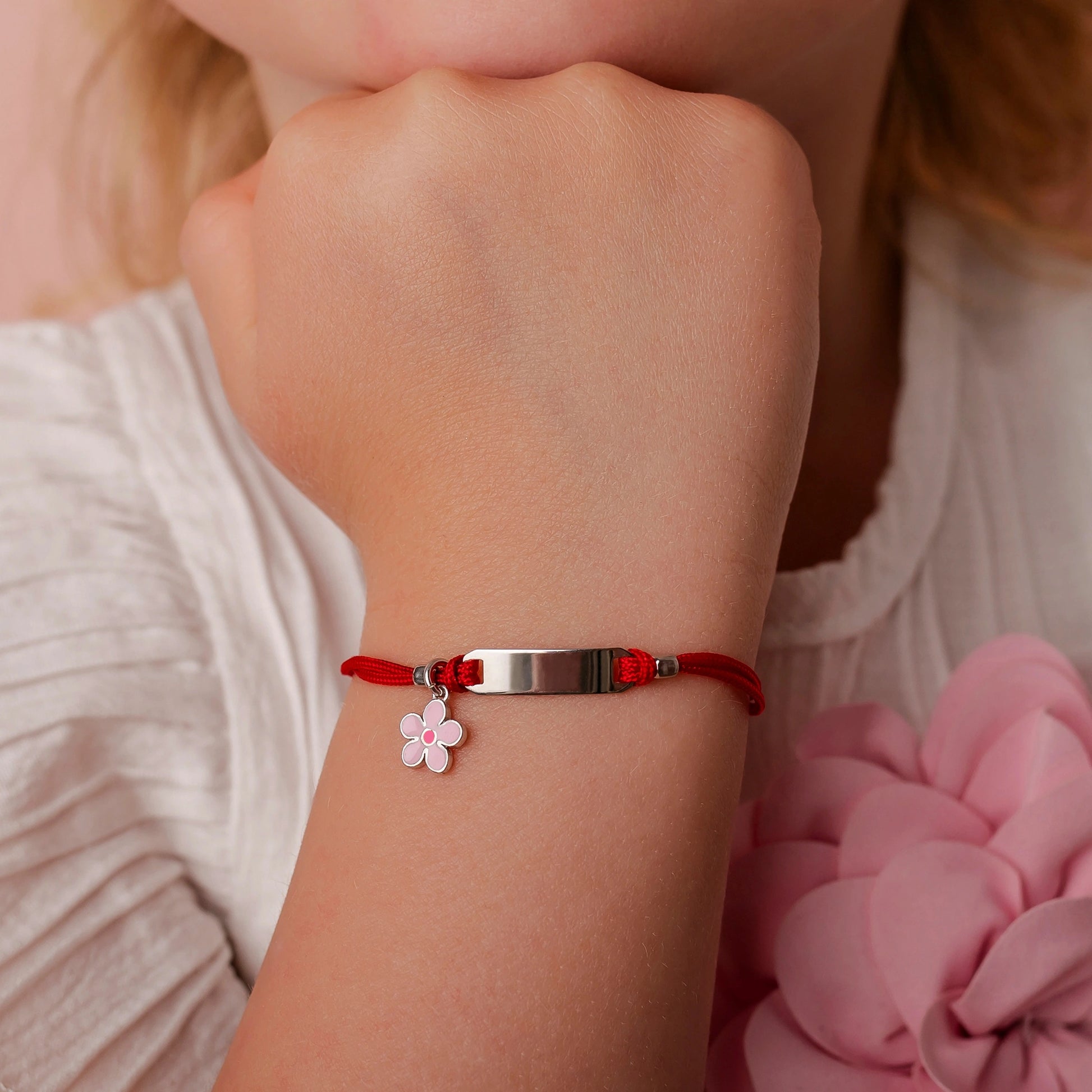 Silver Bracelet for Girl Red Cord Daisy Pink