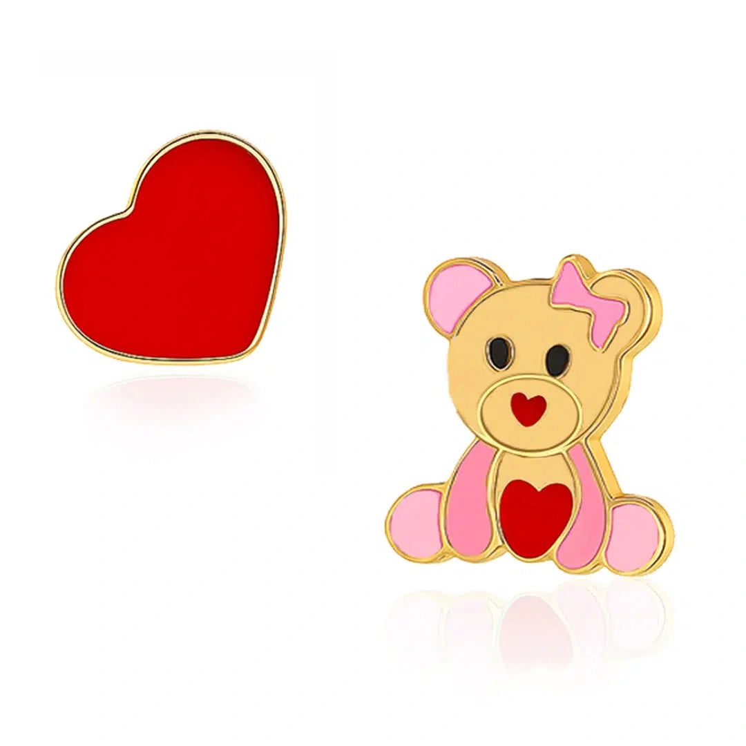 Orecchini in Oro da Bambina Cuore Rosso e Orsetto Rosa