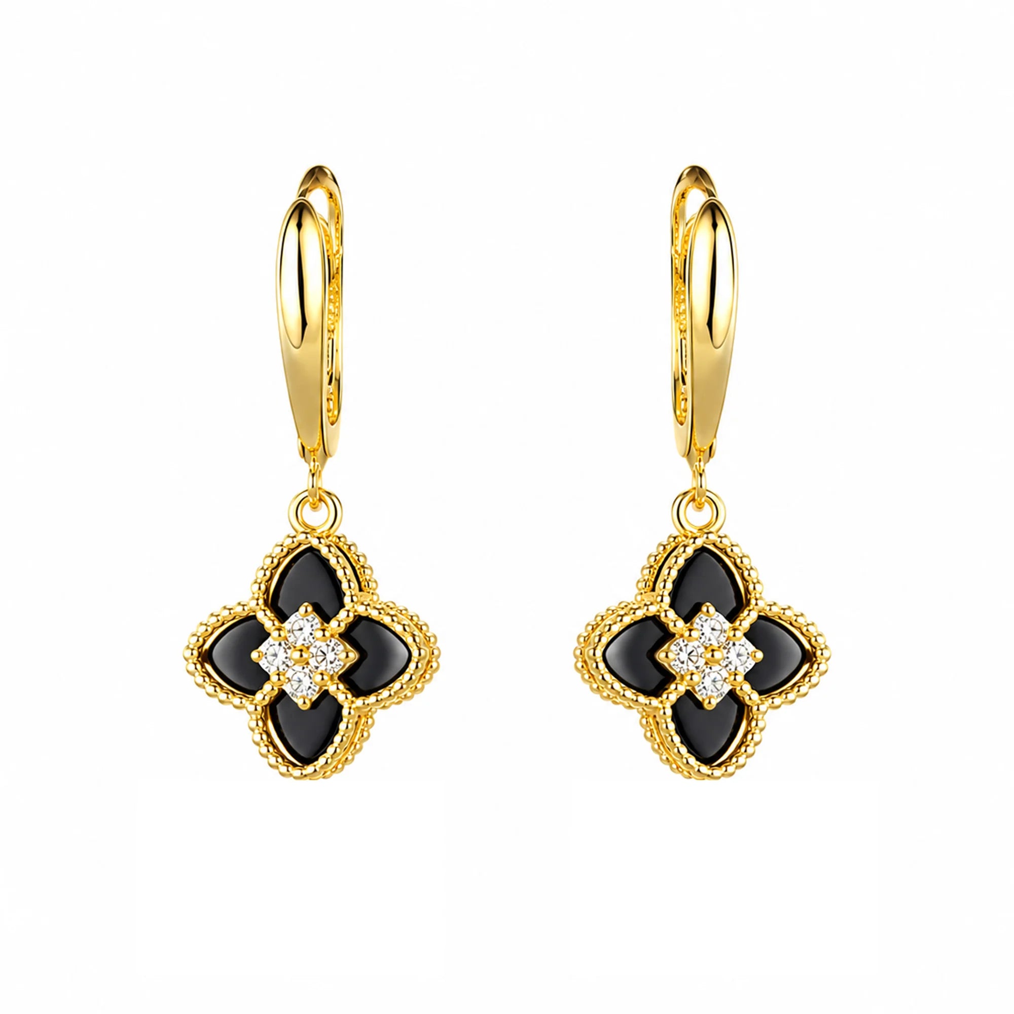 Gold Flower Earrings with Onyx