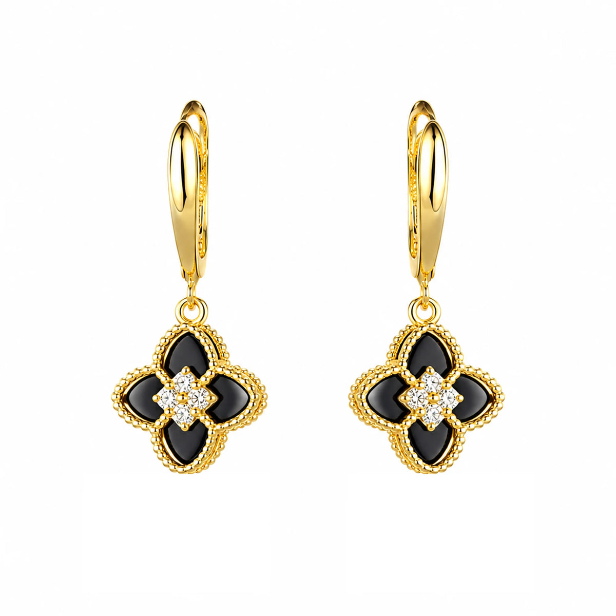 Boucles d'oreilles fleur dorées avec onyx