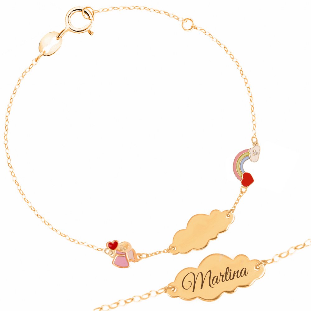 Bracciale in Oro con Angioletto e Arcobaleno e Piastrina Incidibile a forma di Nuvola