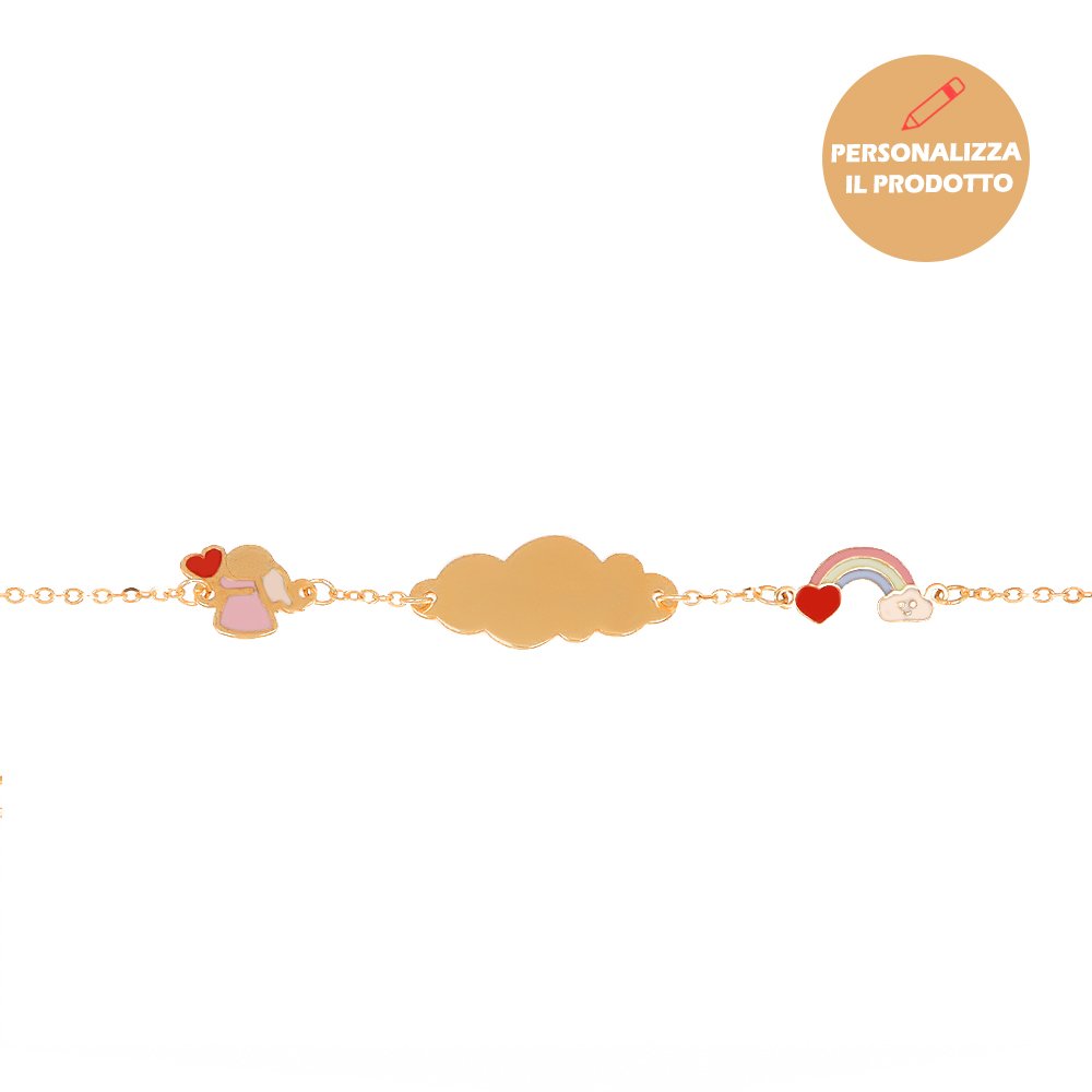 Bracciale in Oro con Angioletto e Arcobaleno e Piastrina Incidibile a forma di Nuvola