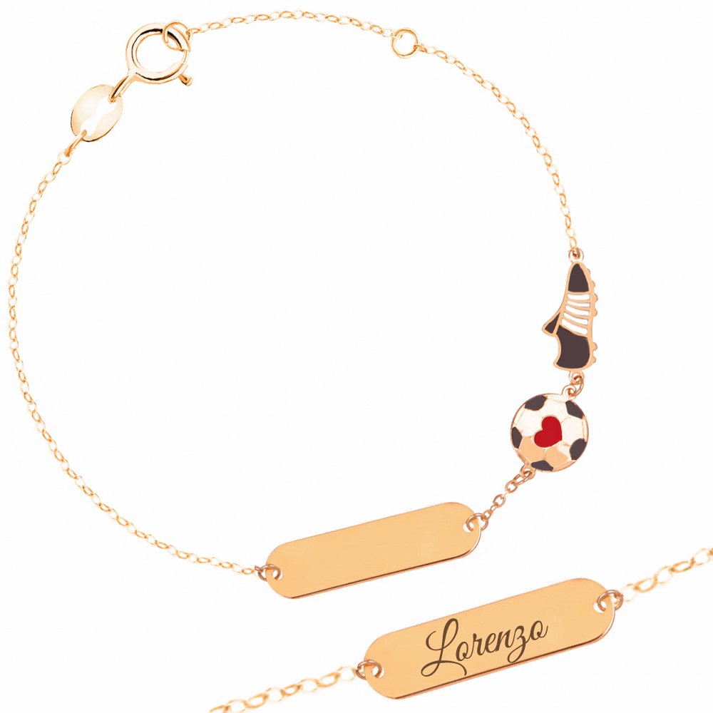Bracciale con Pallone e Scarpetta da Calcio in Oro con Piastrina Incidibile