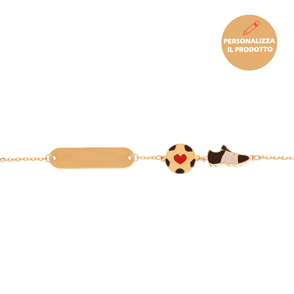 Bracciale con Pallone e Scarpetta da Calcio in Oro con Piastrina Incidibile