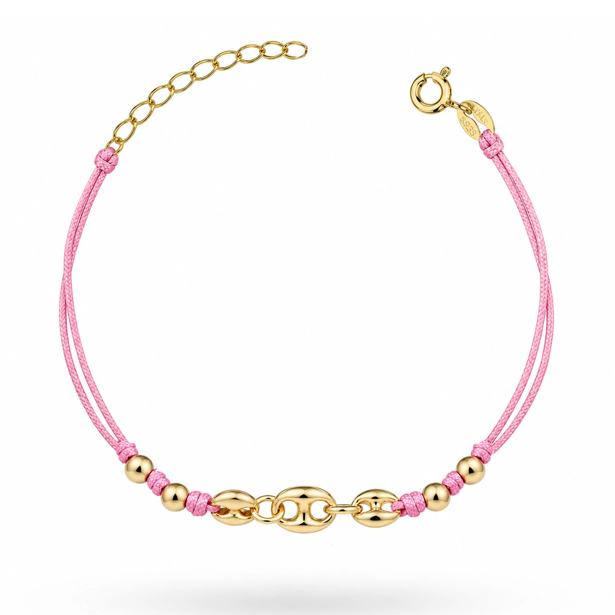 Pulsera triple marina de plata dorada con cordón rosa y esferas