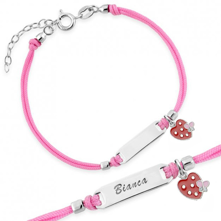 Bracciale Argento Bimba Cordoncino Rosa Fragola e Farfalla Smaltata
