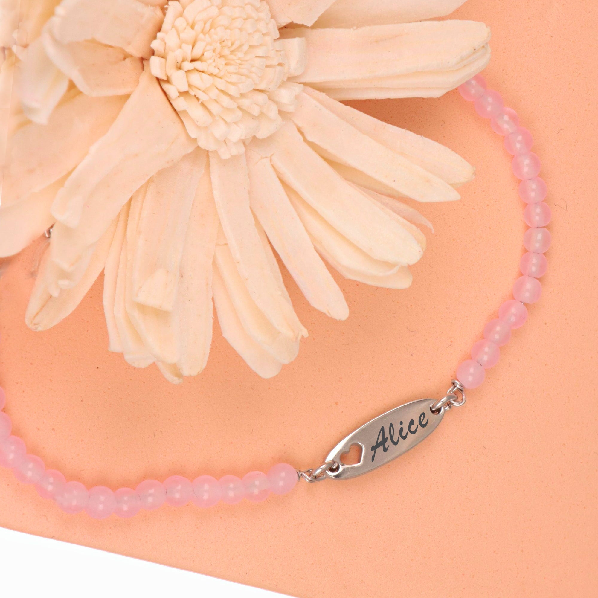 Pulsera de Plata con Placa y Cuarzo Rosa