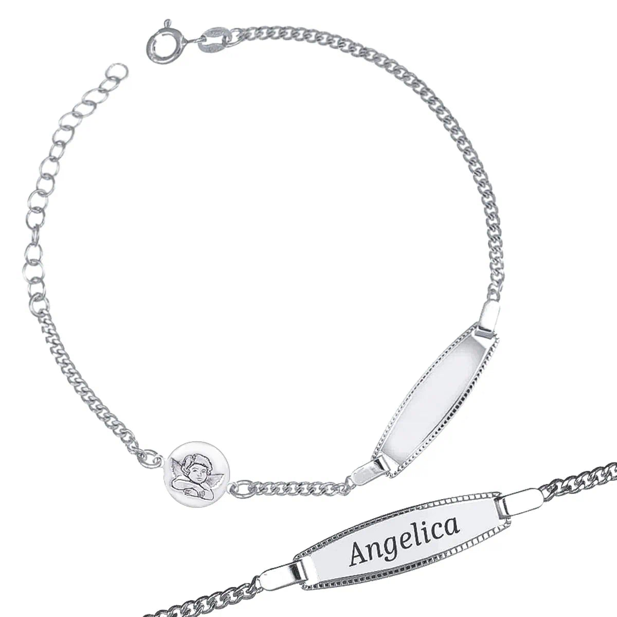 Bracciale Bambino/a in Argento 925 Con Targhetta Personalizzabile e Angelo