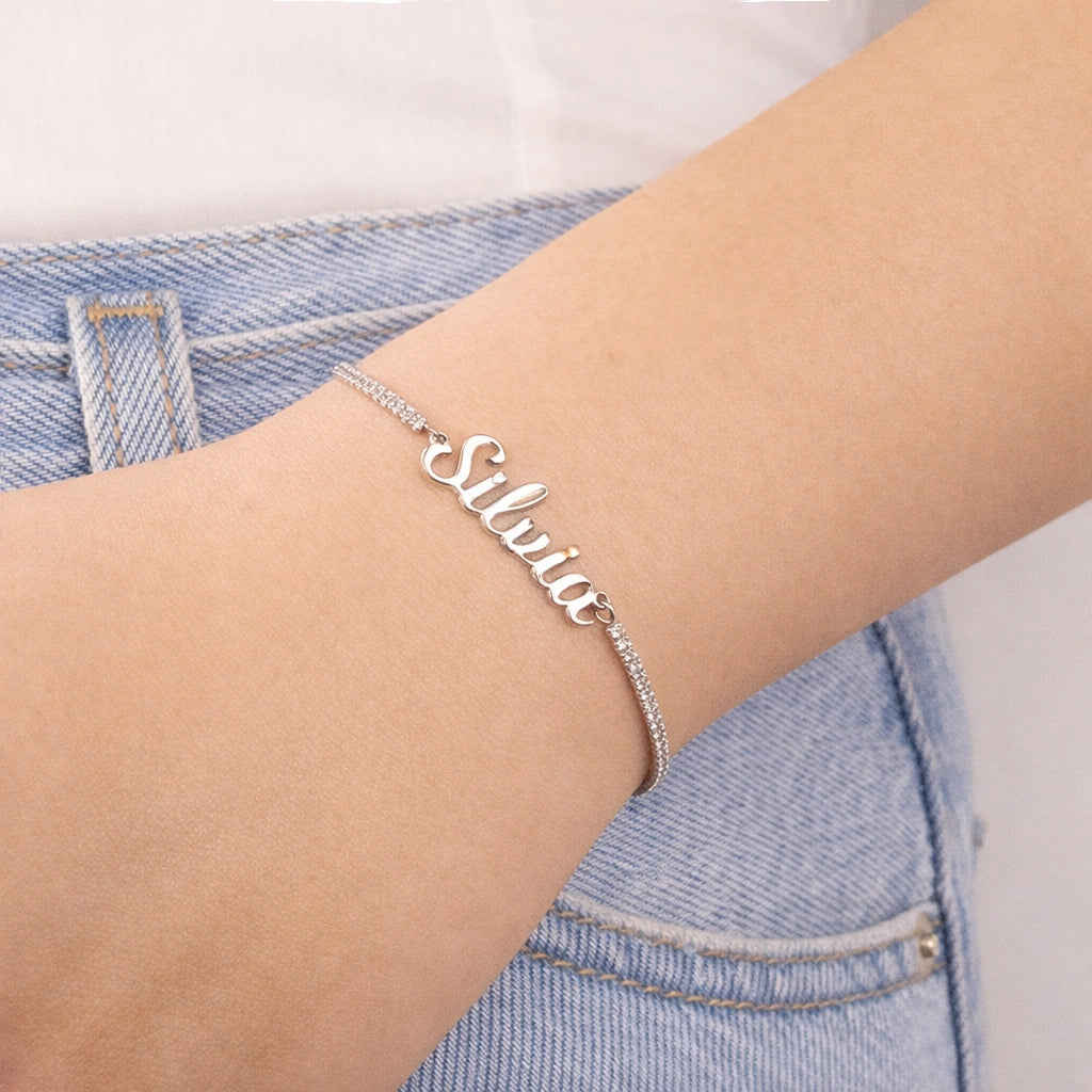 Bracciale Tennis con Nome Corsivo Rodiato