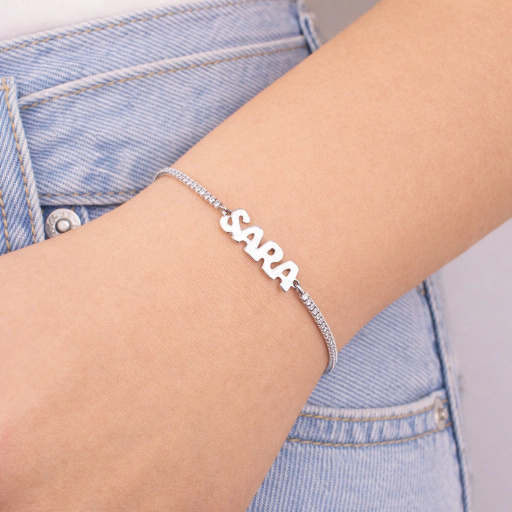 Rhodium-Plated Tennis Bracelet with Block Letters Name
