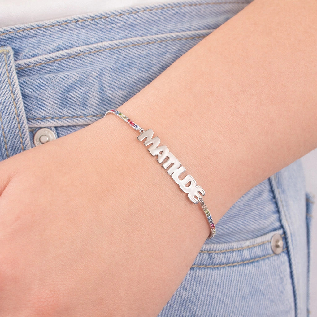 Rhodium-Plated Tennis Bracelet with Block Letters Name