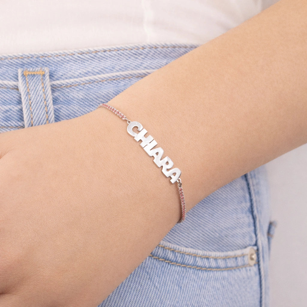 Rhodium-Plated Tennis Bracelet with Block Letters Name