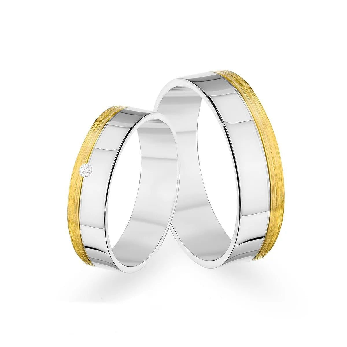 Flat Yellow and White Gold Wedding Bands with Zircon