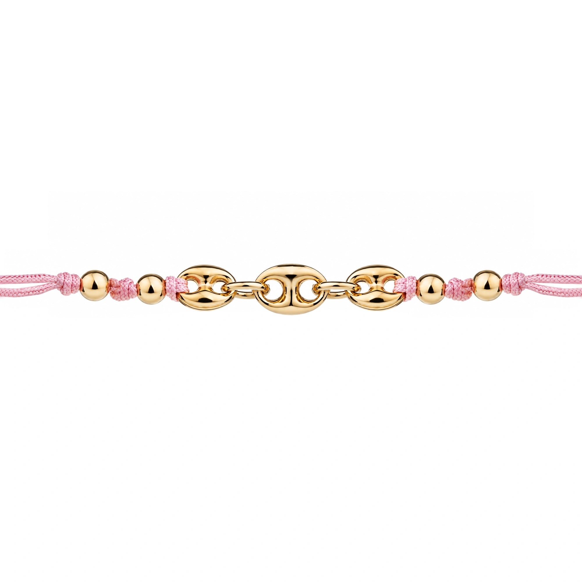 Pulsera triple marina de plata dorada con cordón rosa y esferas