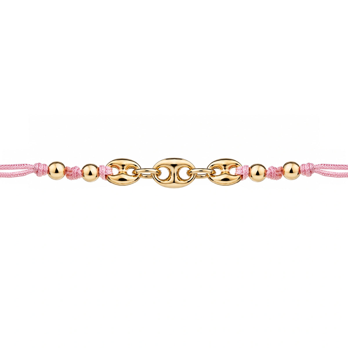 Pulsera triple marina de plata dorada con cordón rosa y esferas