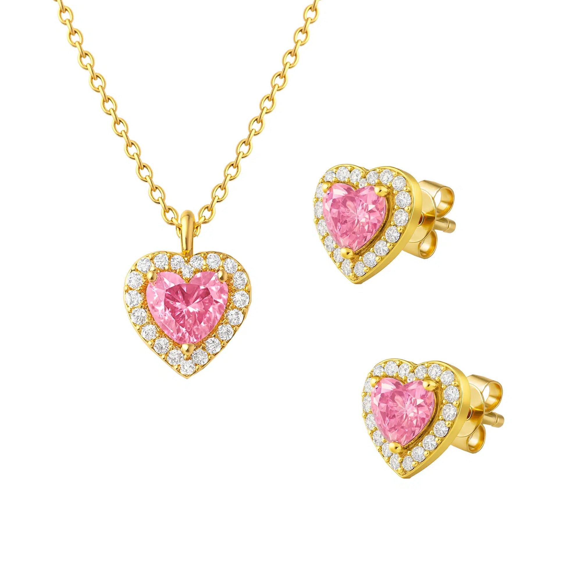 Silver Set with Pink Heart and Zircon Pavé