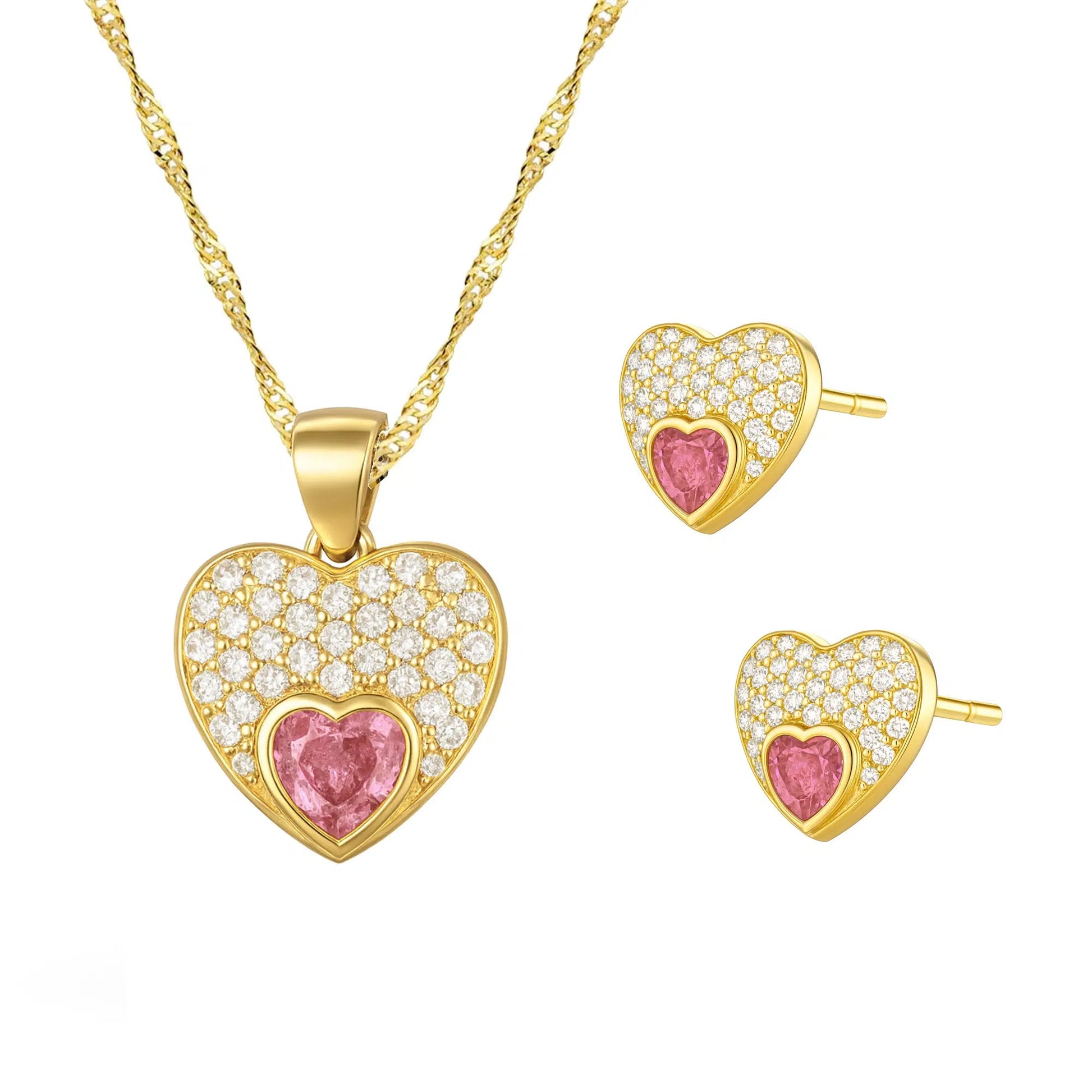 Silver Set with Pink Heart and Zircons