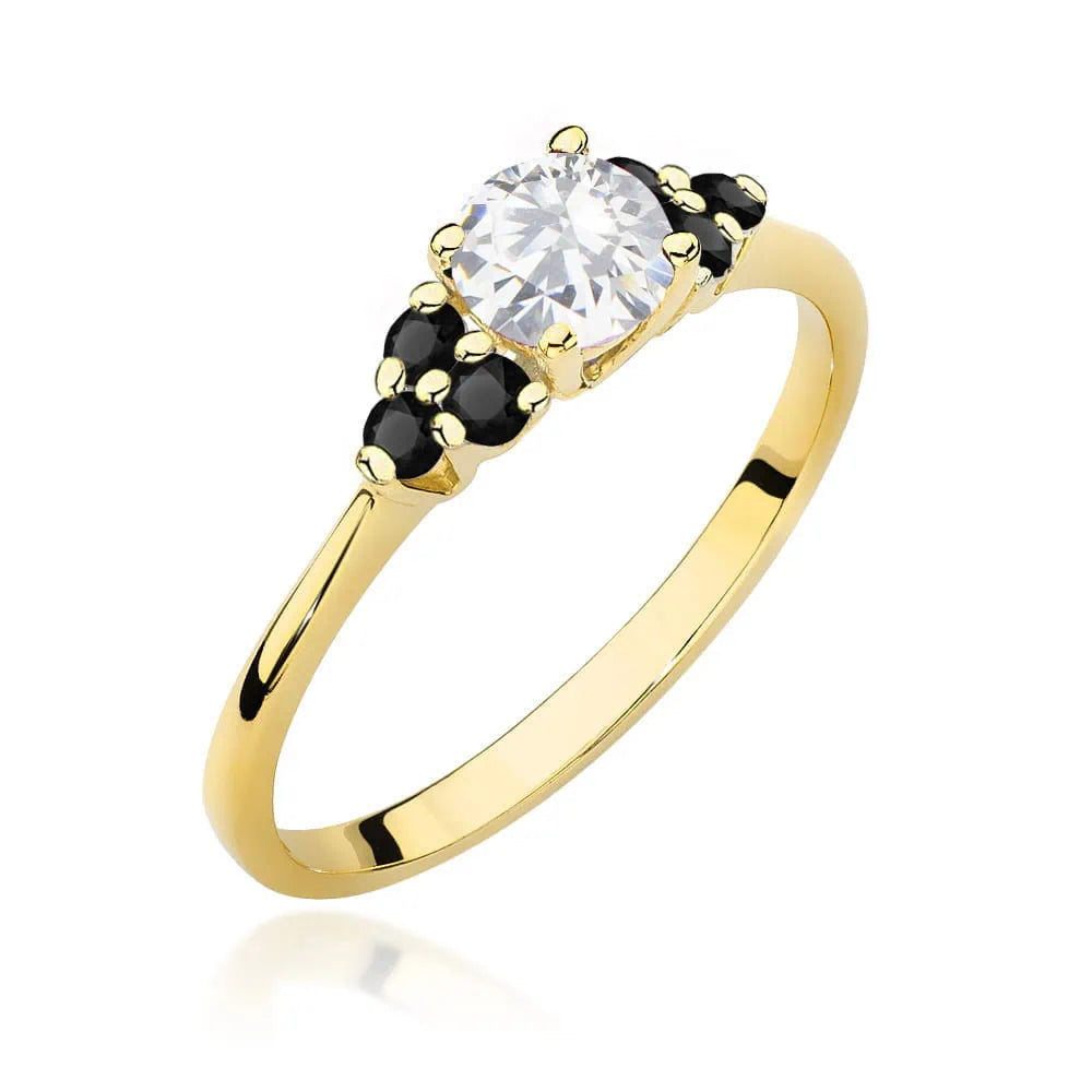 Bague en or jaune avec saphir blanc 0,60 ct et diamants noirs 0,03 ct