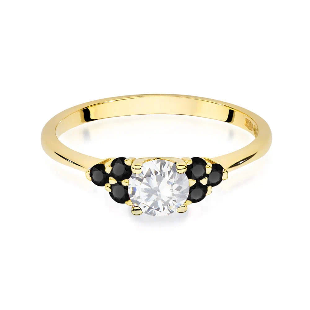 Bague en or jaune avec saphir blanc 0,60 ct et diamants noirs 0,03 ct
