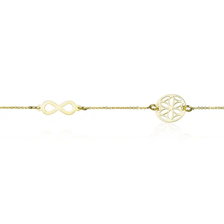 Goldenes Armband mit Unendlichkeitssymbol und eingravierter Blume