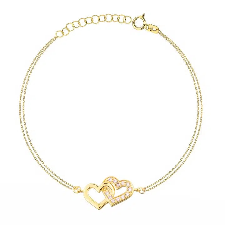 Bracciale in Oro Due Fili con Cuore Doppio Strass